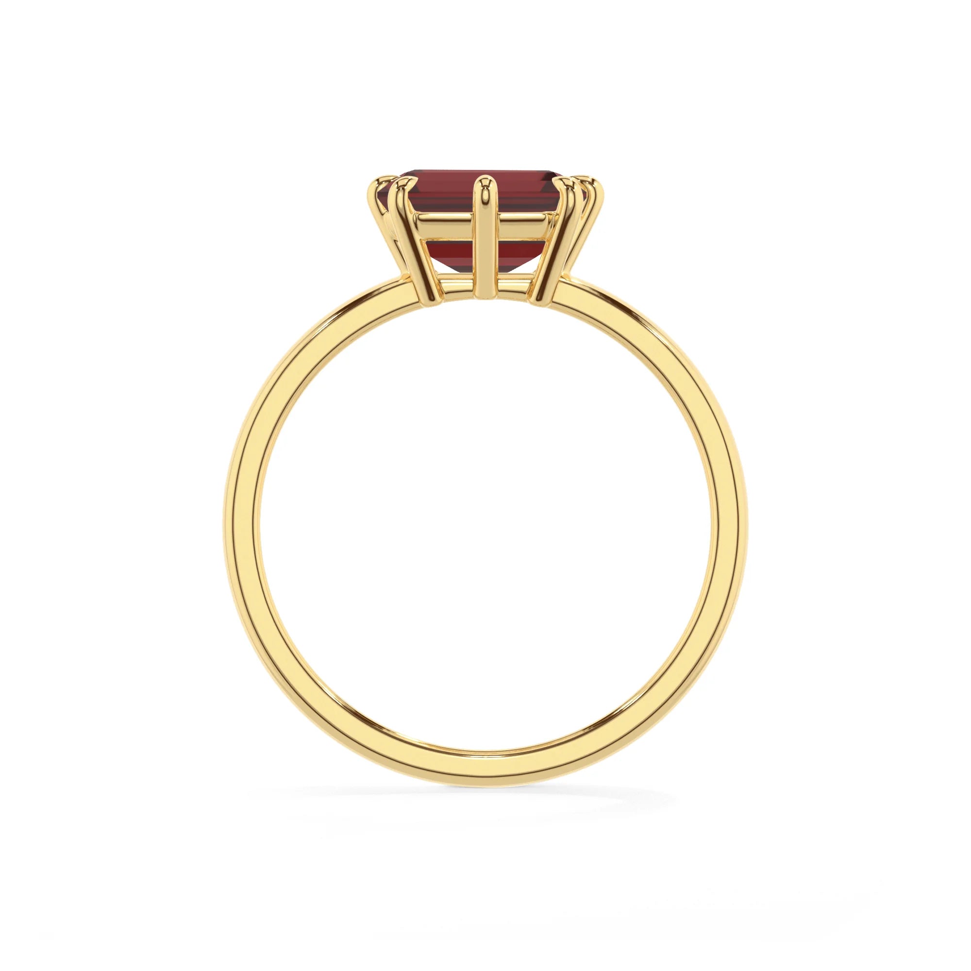natural garnet emerald cut solitaire rings in yellow gold 