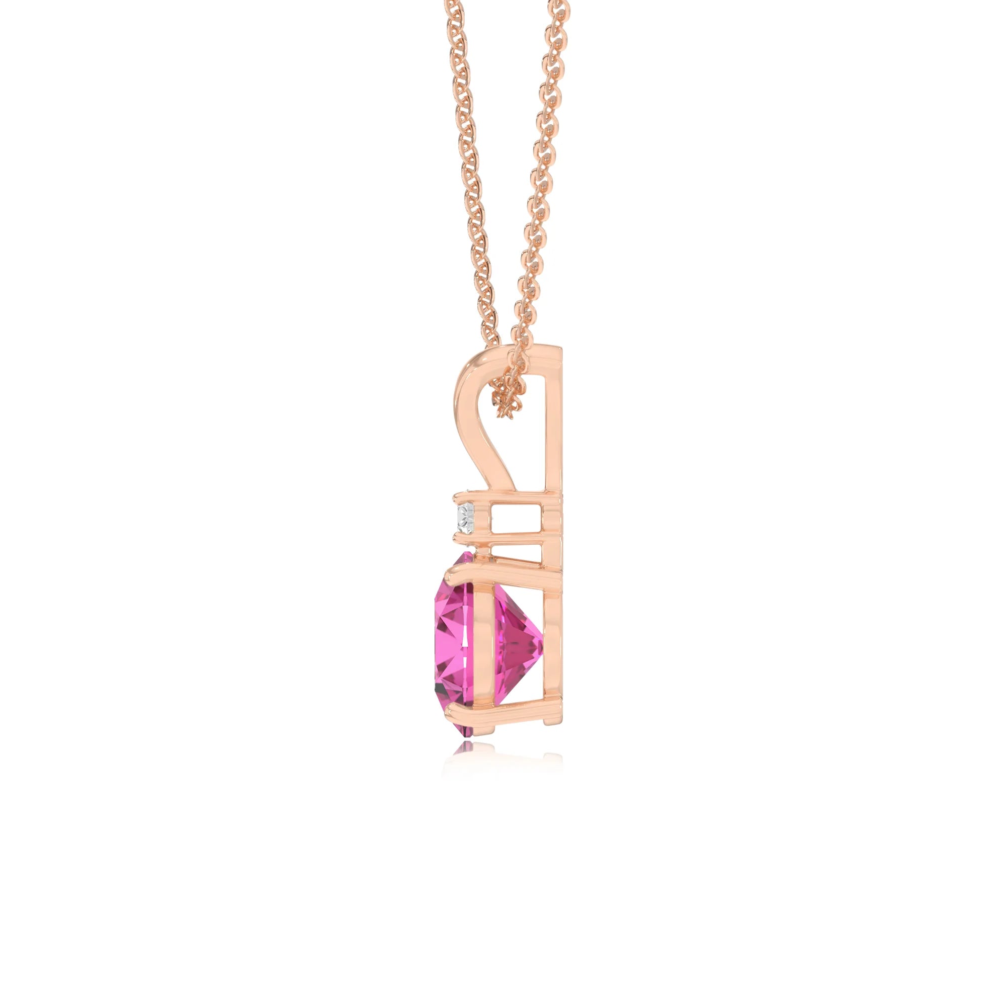 lab grown pink-sapphire round solitaire v-bale necklaces in rose gold 
