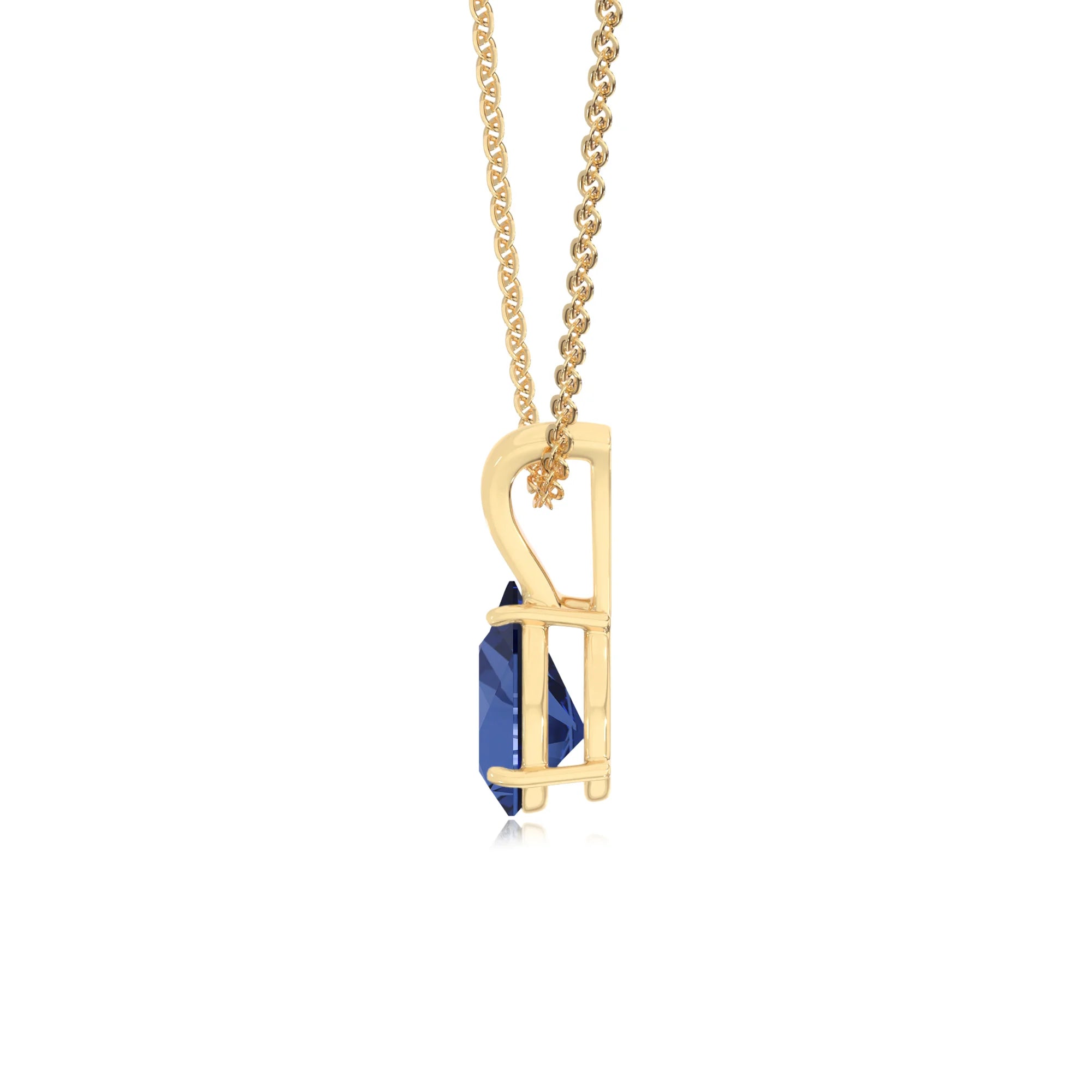 lab grown blue-sapphire pear solitaire v-bale necklaces in yellow gold 