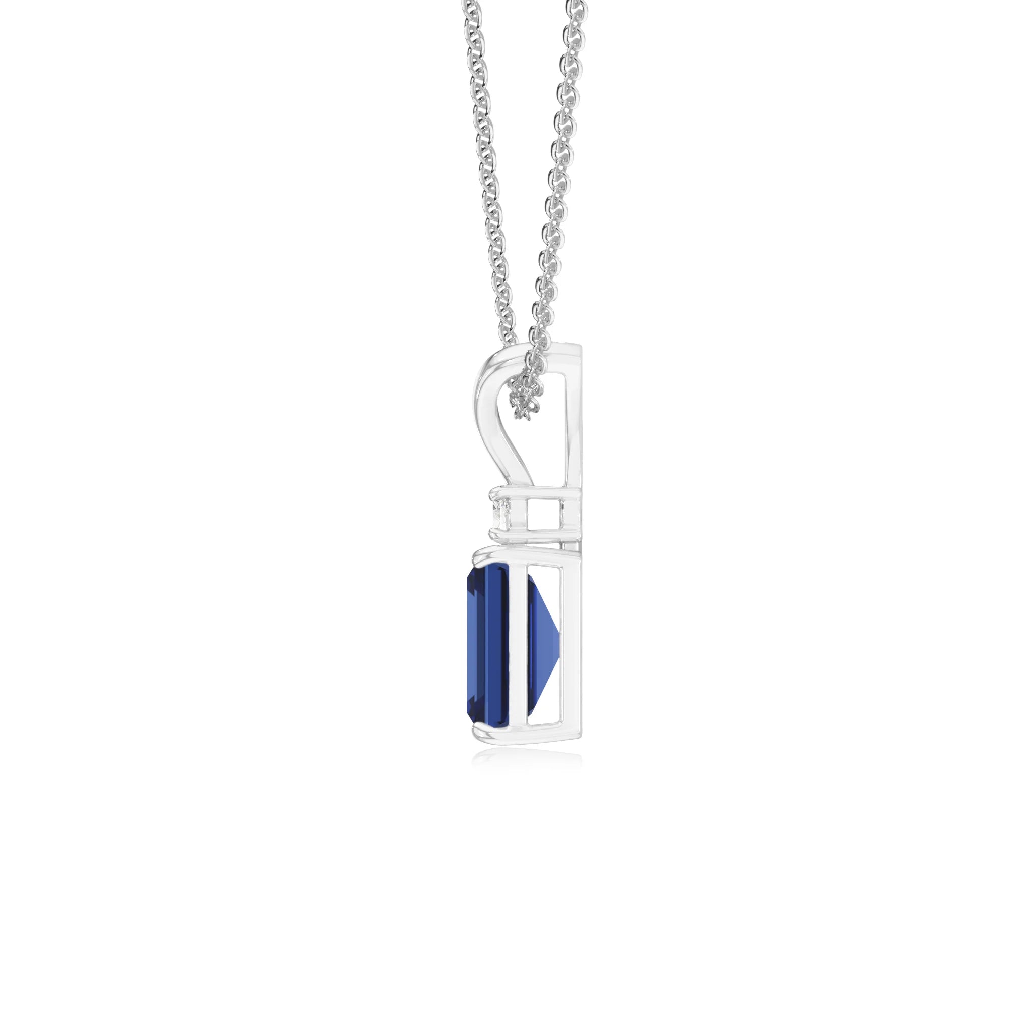 lab grown blue-sapphire emerald cut solitaire v-bale necklaces in white gold 