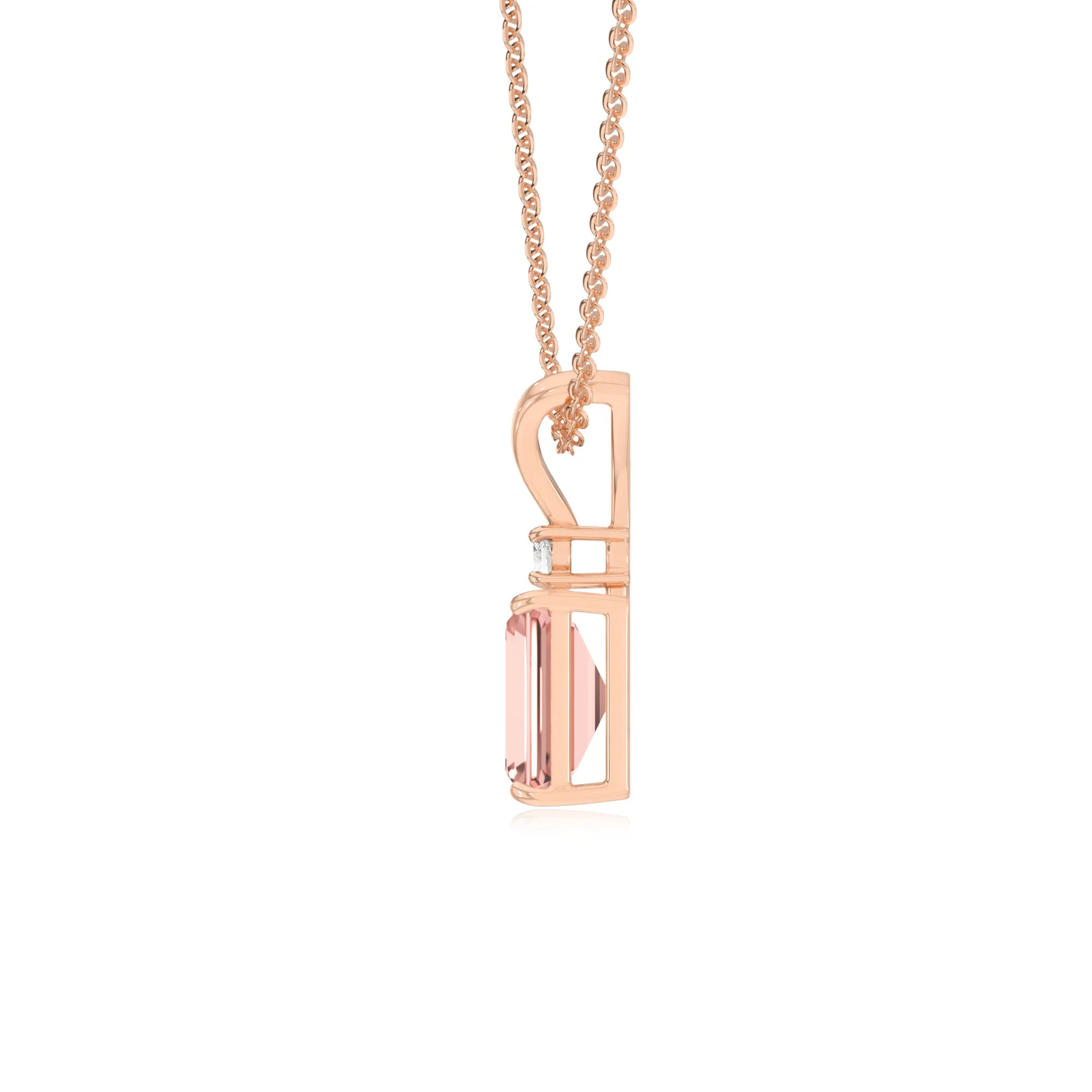 lab grown morganite emerald cut solitaire v-bale necklaces in rose gold 