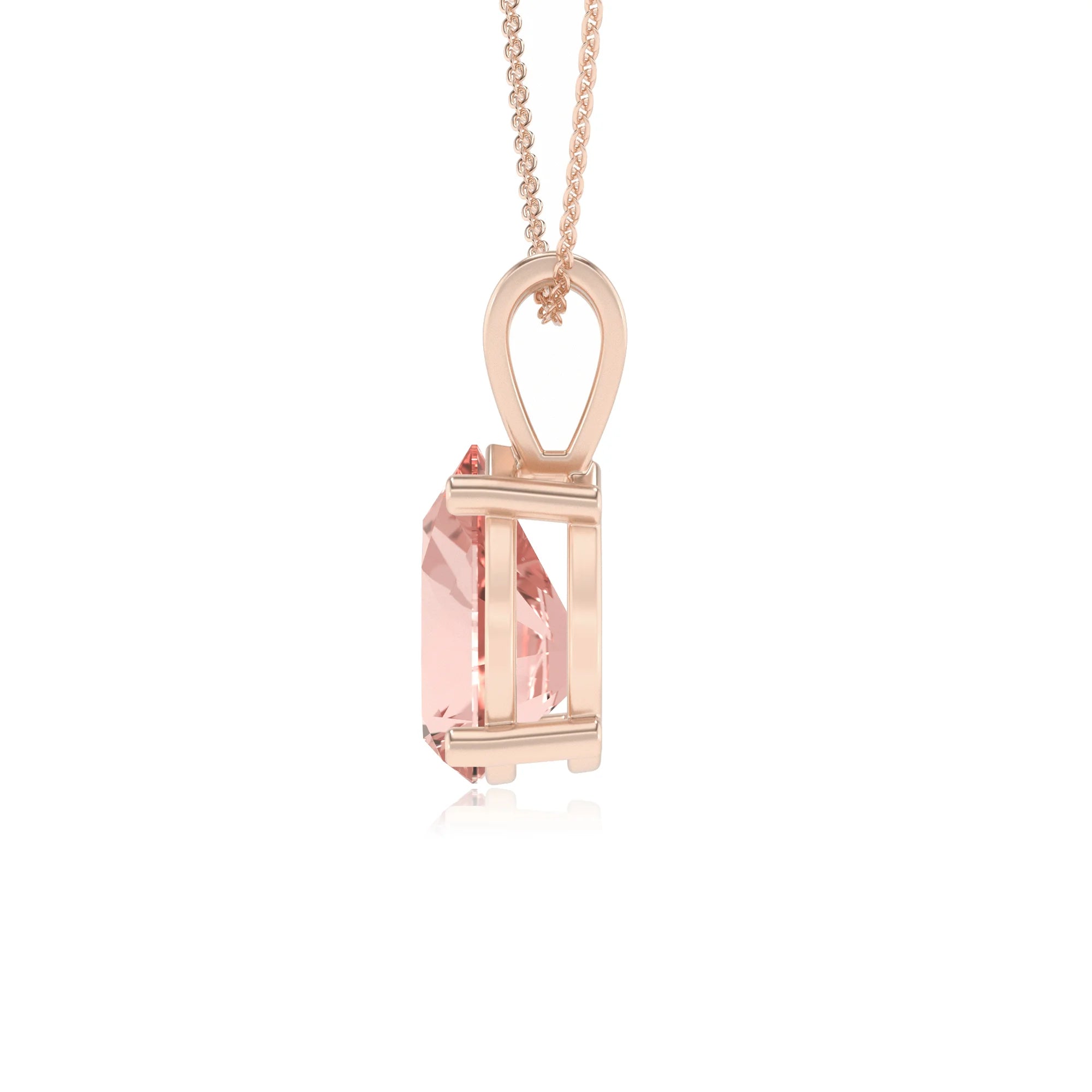 lab grown morganite pear solitaire v-bale necklaces in rose gold 