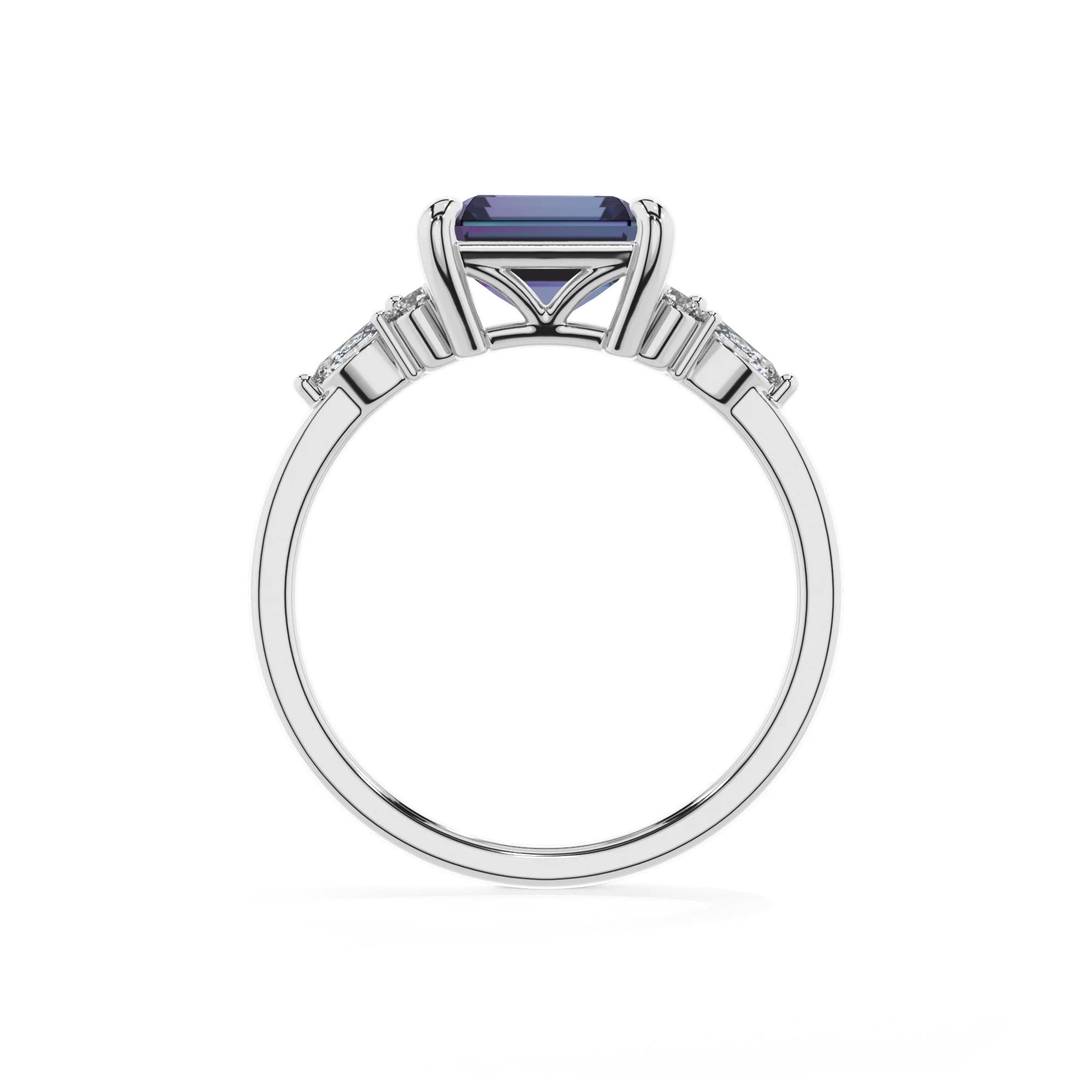 lab grown alexandrite emerald cut solitaire rings in white gold 