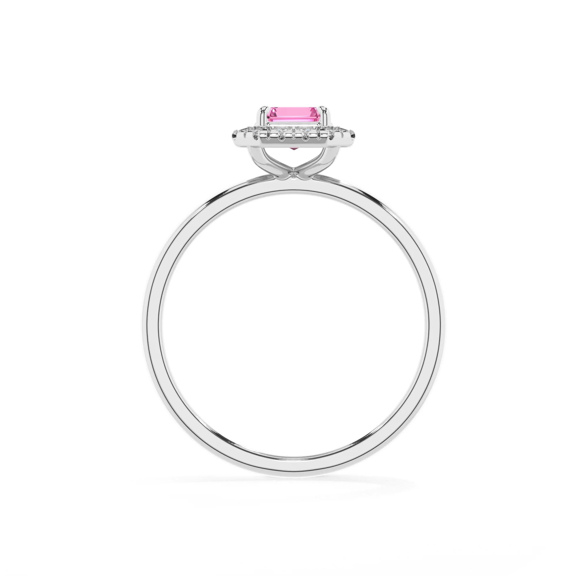 lab grown pink-sapphire emerald cut solitaire rings in platinum 