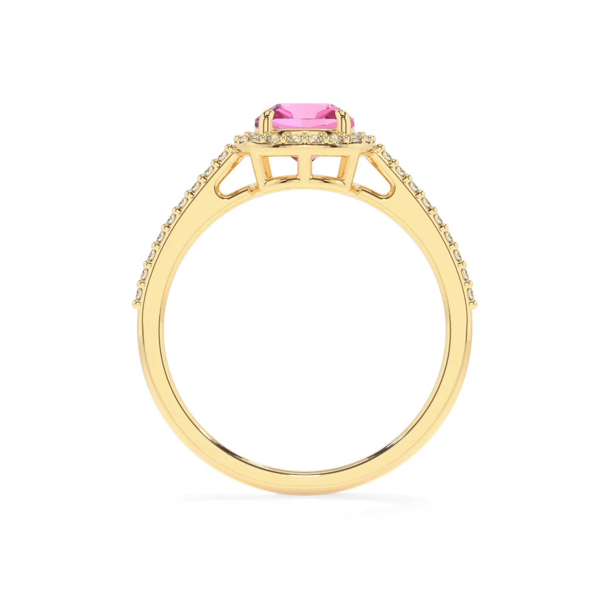 lab grown pink-sapphire cushion solitaire rings in yellow gold 