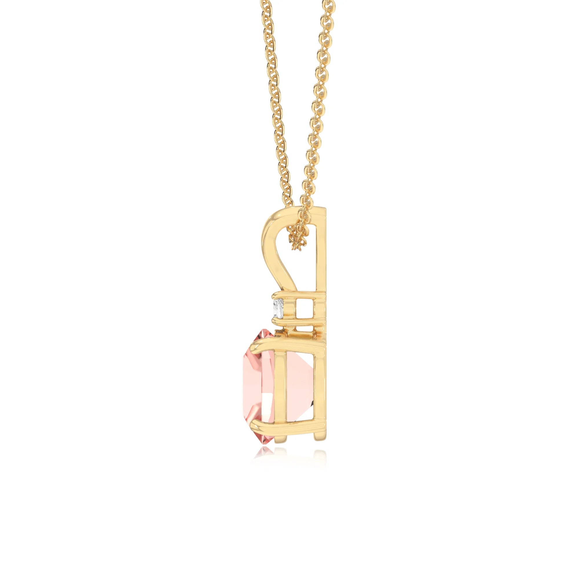 lab grown morganite cushion solitaire v-bale necklaces in yellow gold 