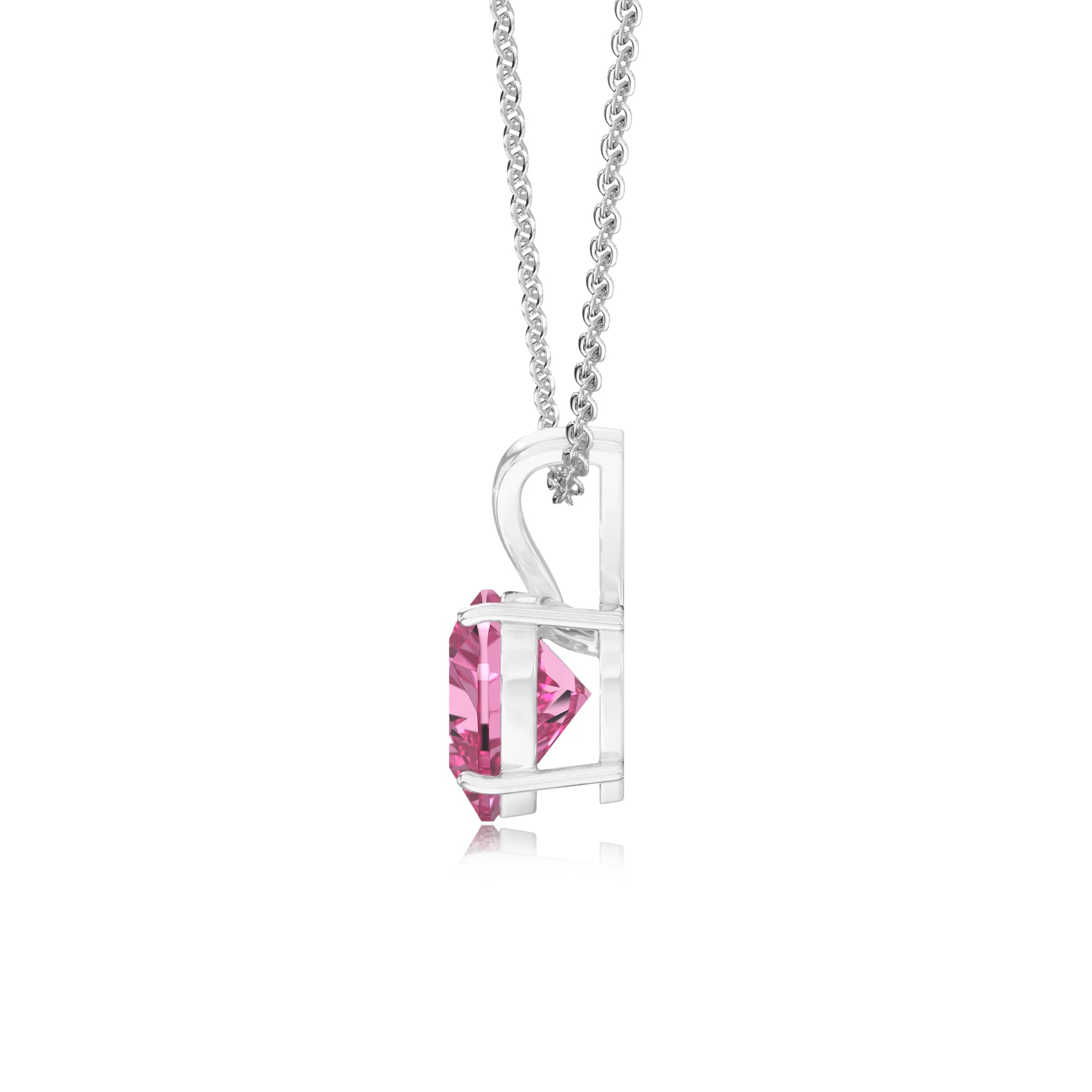 lab grown pink-sapphire heart solitaire v-bale necklaces in sterling silver 
