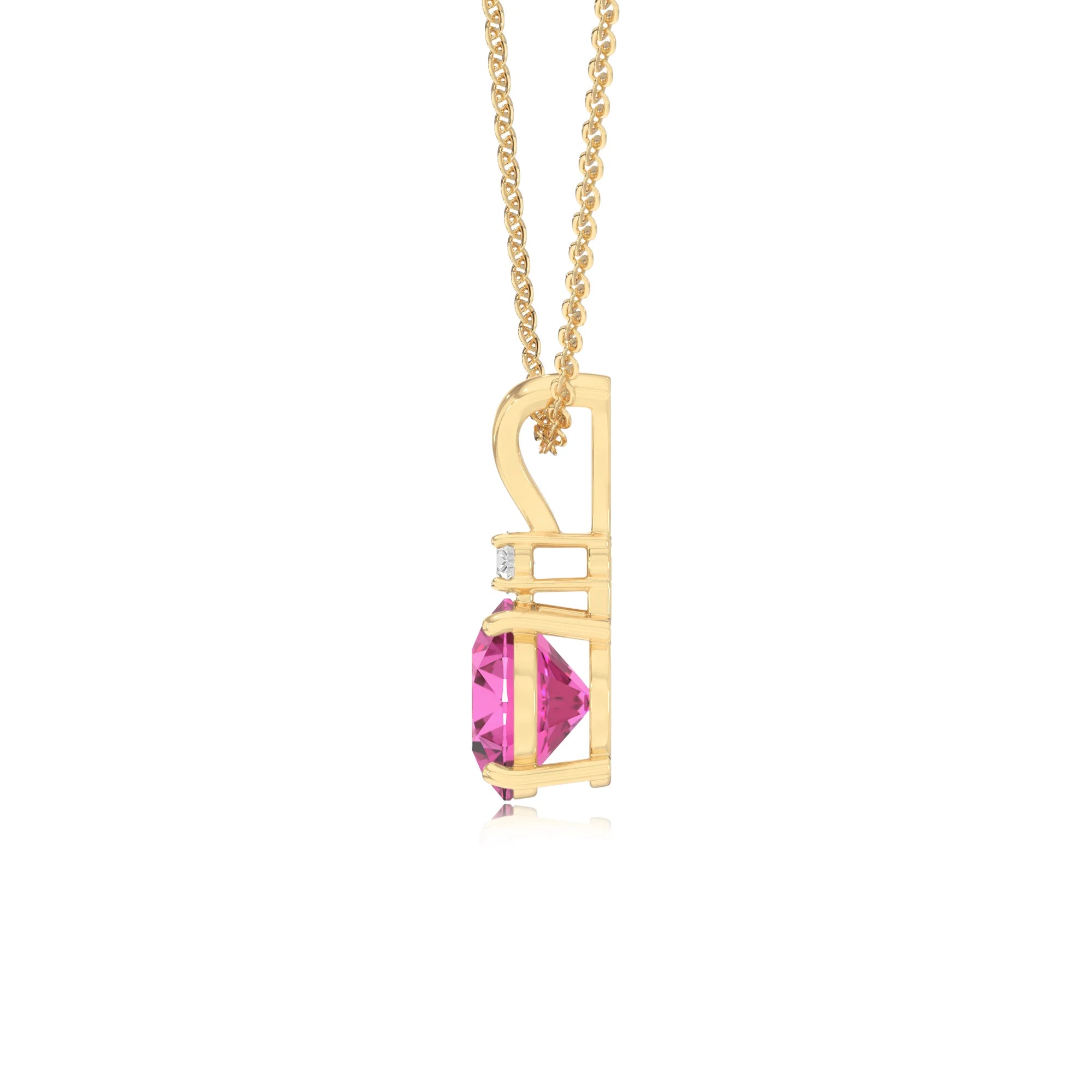 lab grown pink-sapphire round solitaire v-bale necklaces in yellow gold 