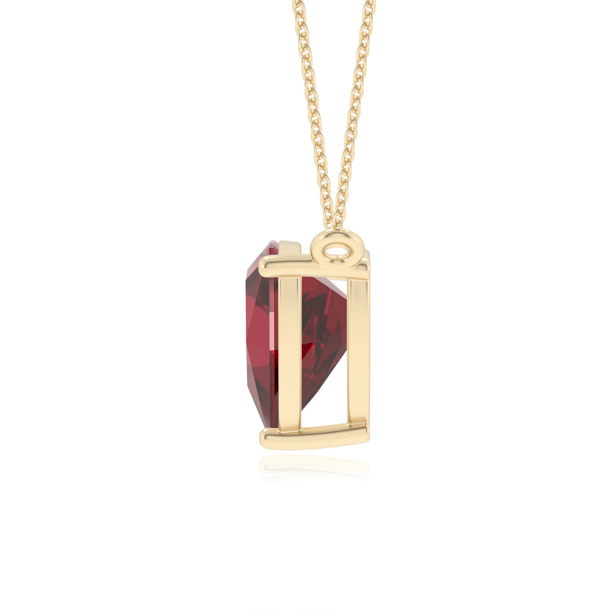 lab grown ruby trillion solitaire necklaces in yellow gold 