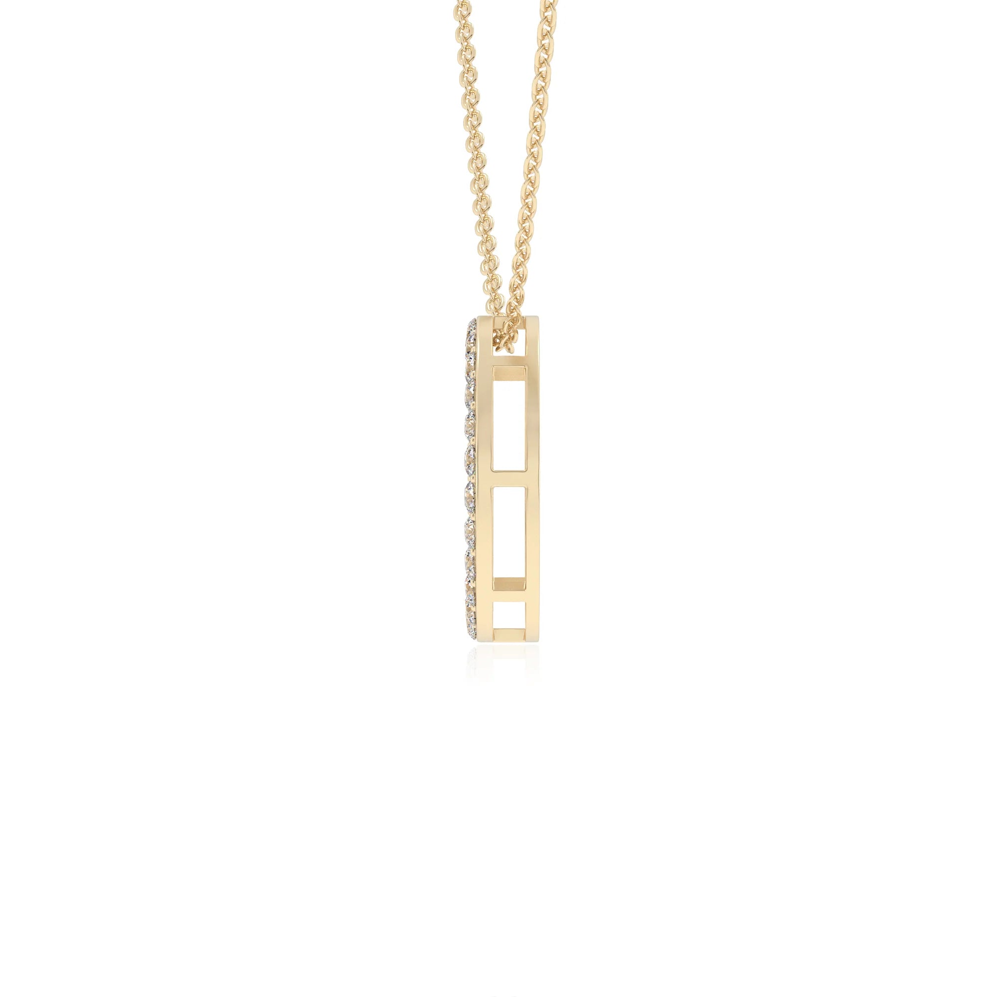 lab grown moissanite round v-bale necklaces in yellow gold 