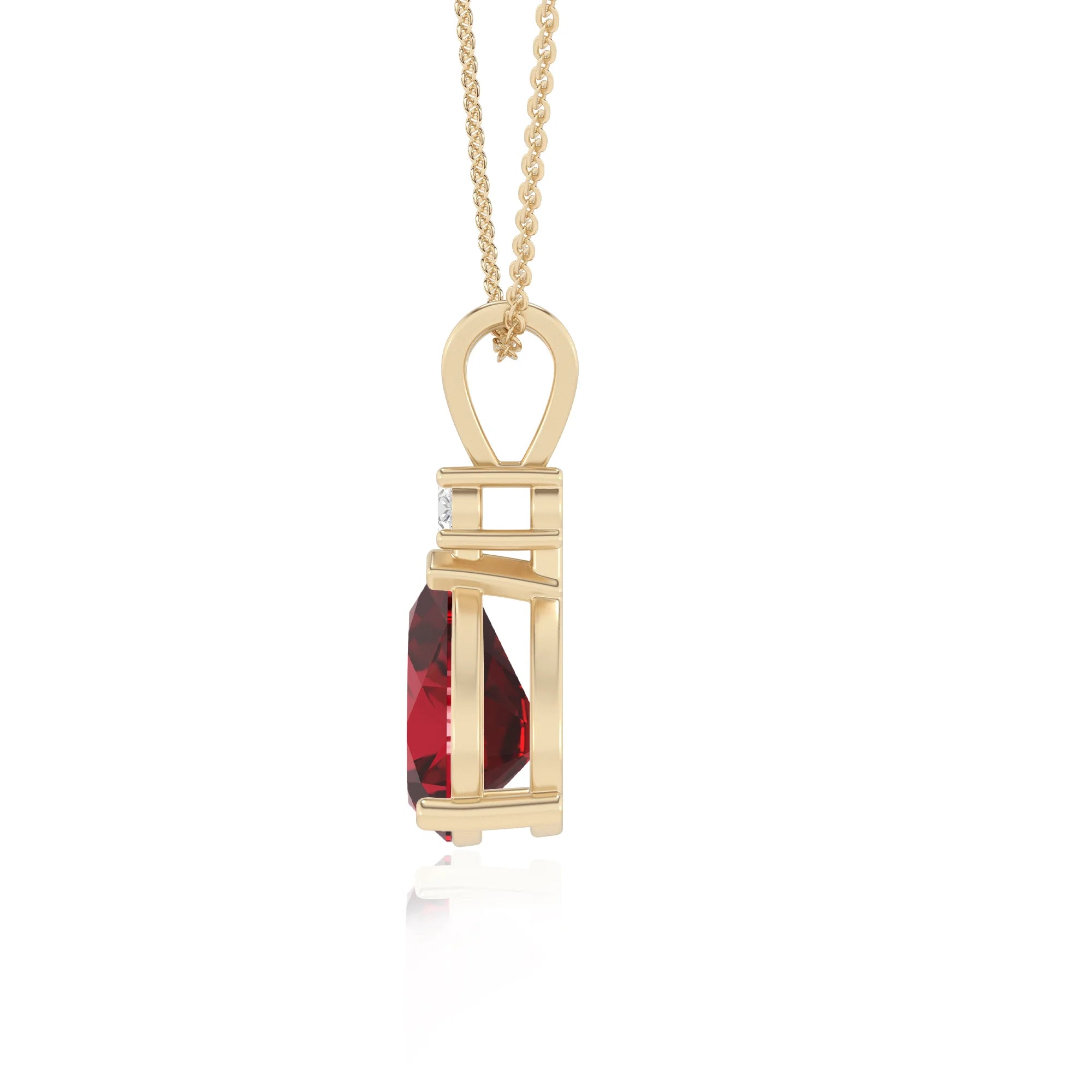 lab grown ruby pear solitaire v-bale necklaces in yellow gold 