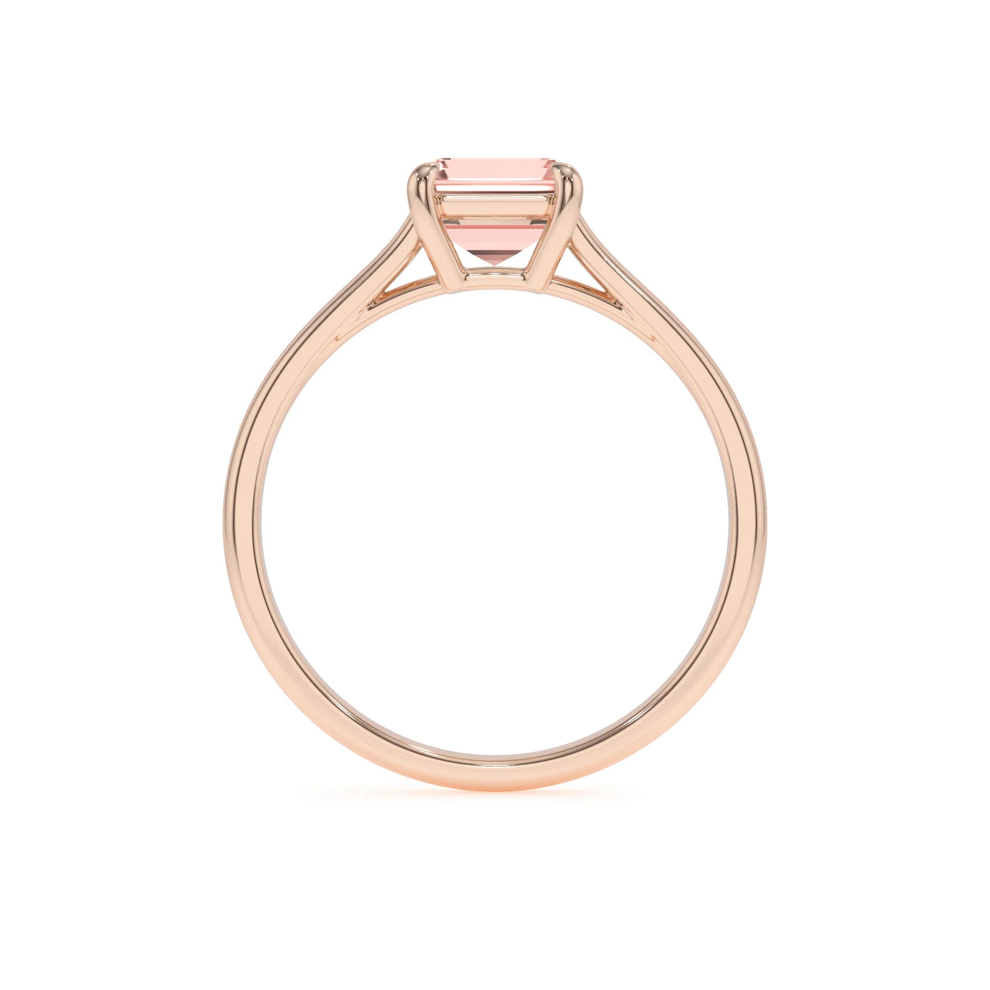 lab grown morganite emerald cut solitaire rings in rose gold 