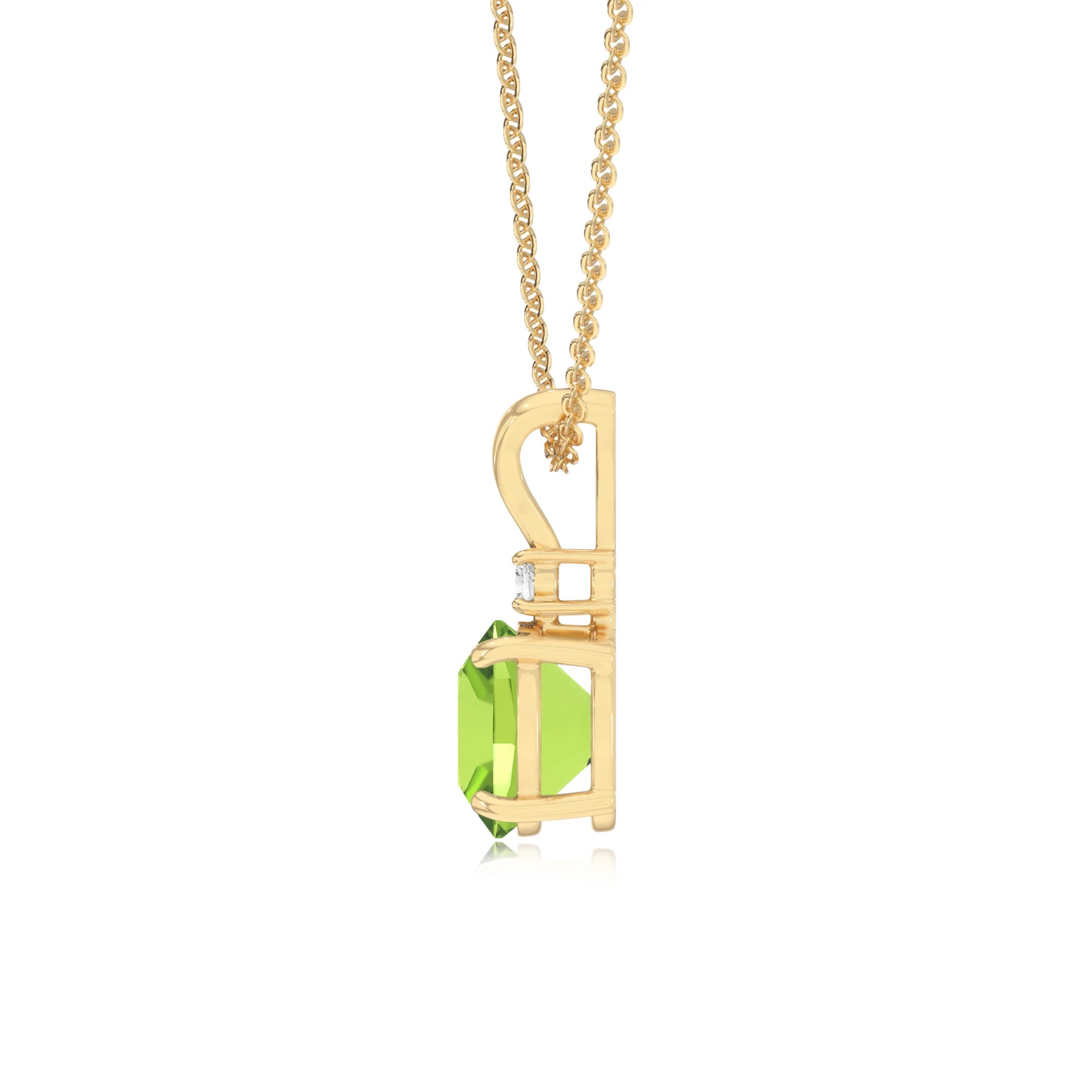 natural peridot cushion solitaire v-bale necklaces in yellow gold 
