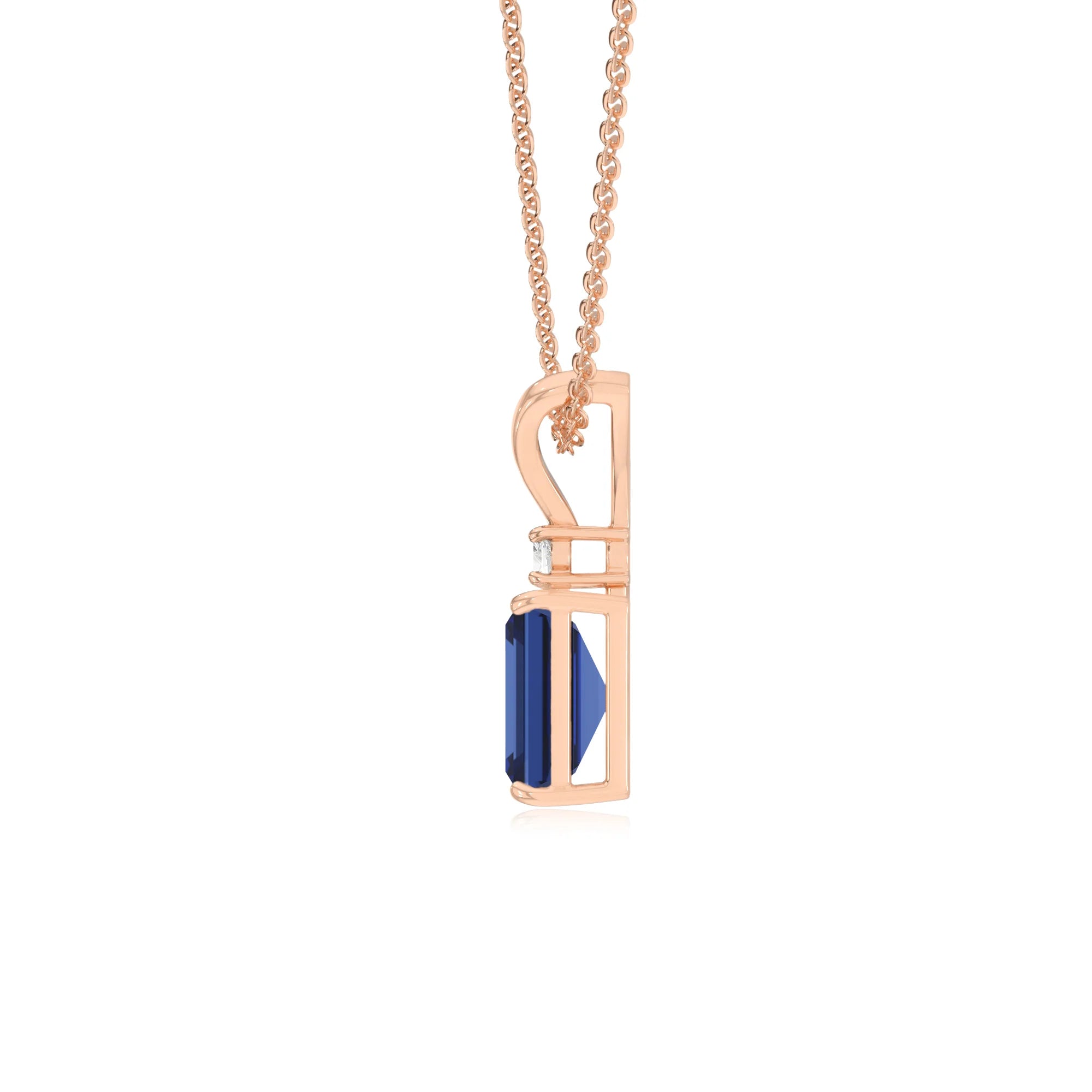 lab grown blue-sapphire emerald cut solitaire v-bale necklaces in rose gold 
