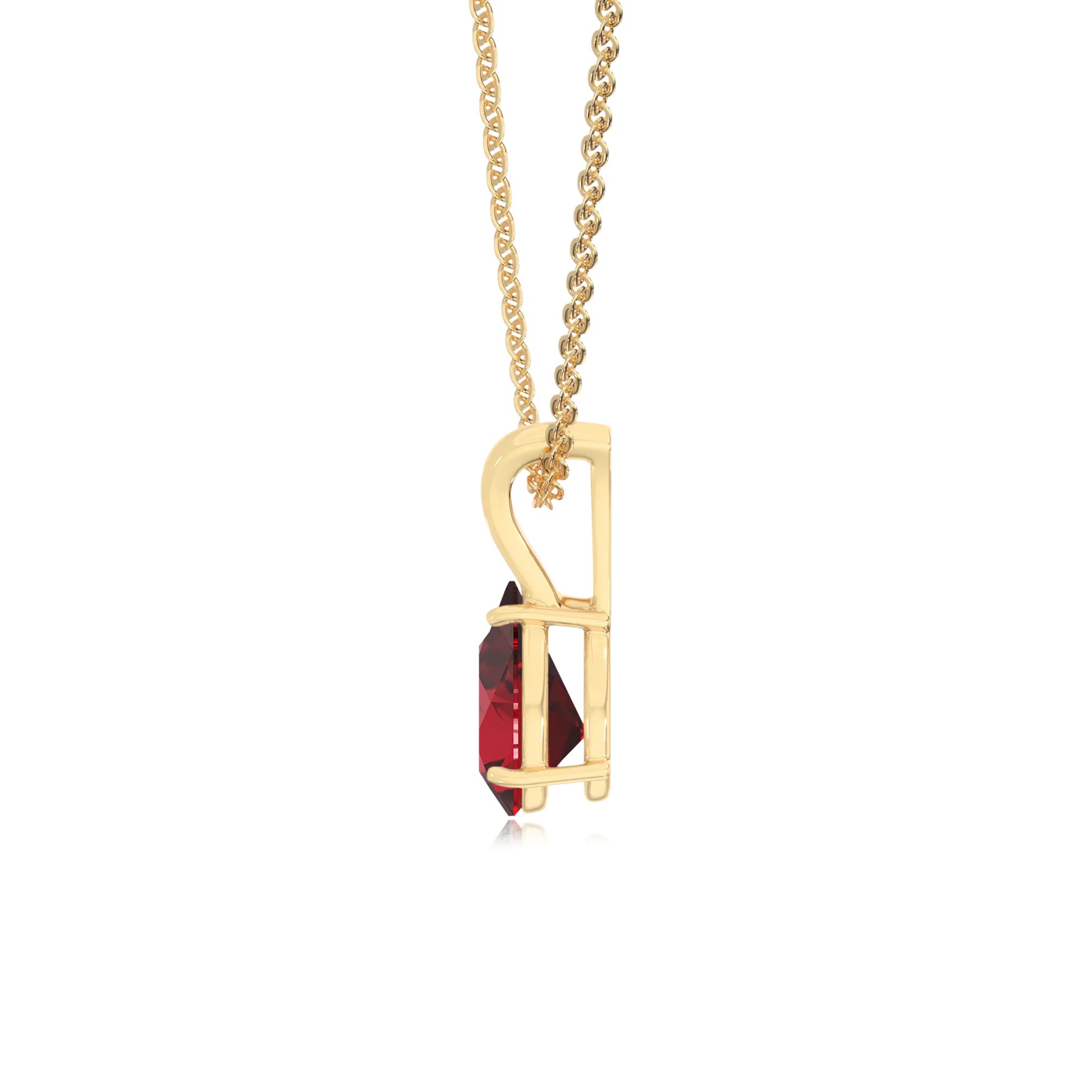lab grown ruby pear solitaire v-bale necklaces in yellow gold 