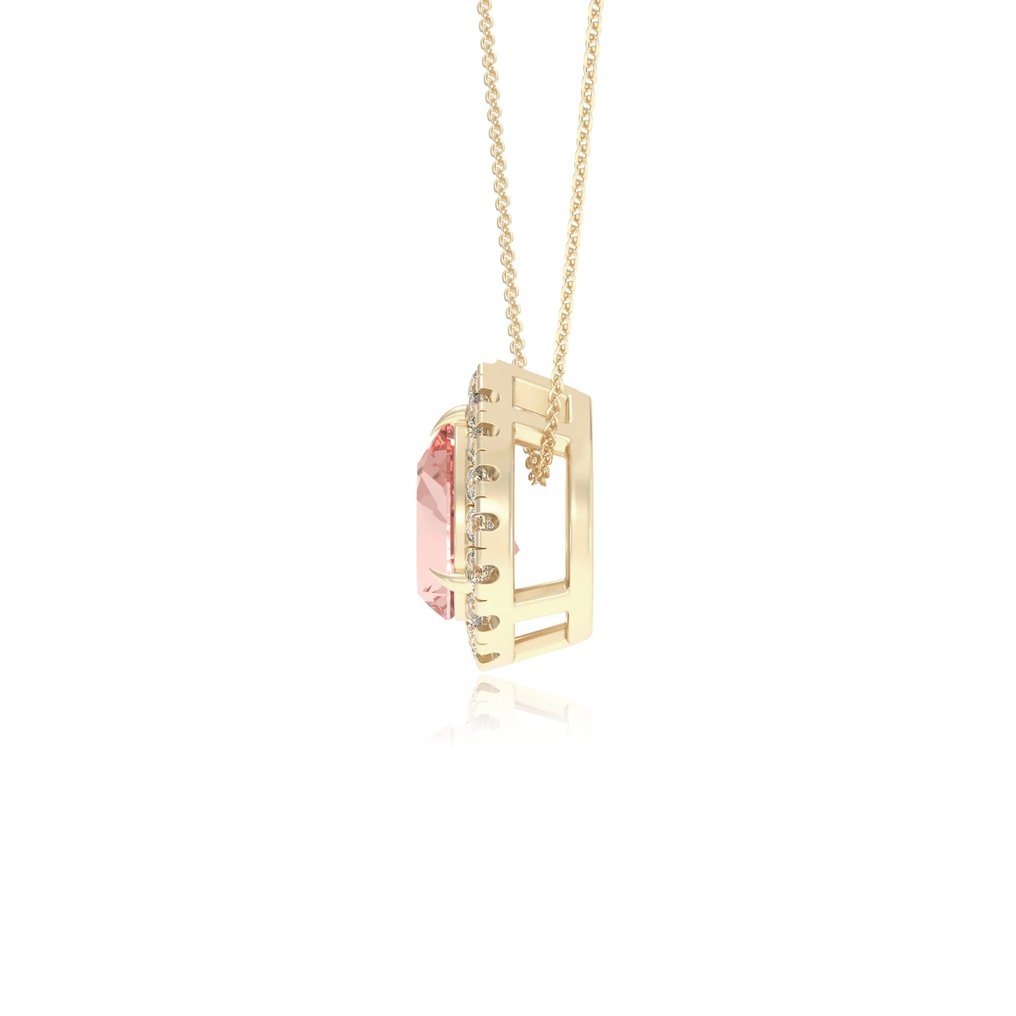 lab grown morganite pear solitaire necklaces in yellow gold 