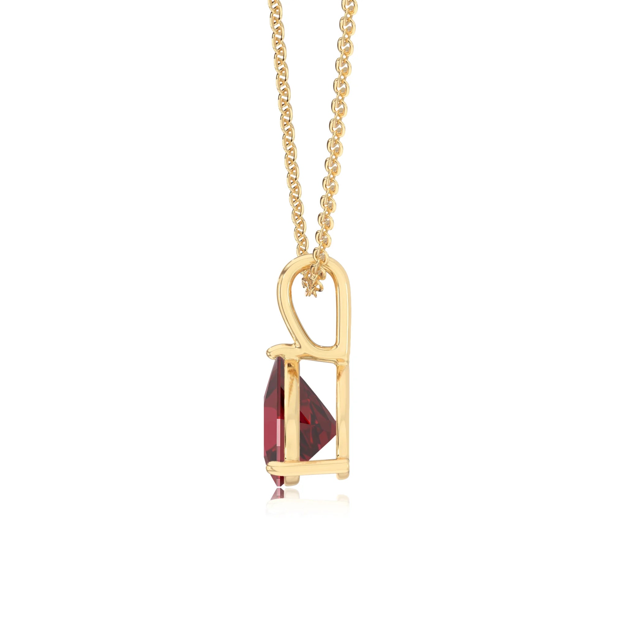lab grown ruby trillion solitaire necklaces in yellow gold 