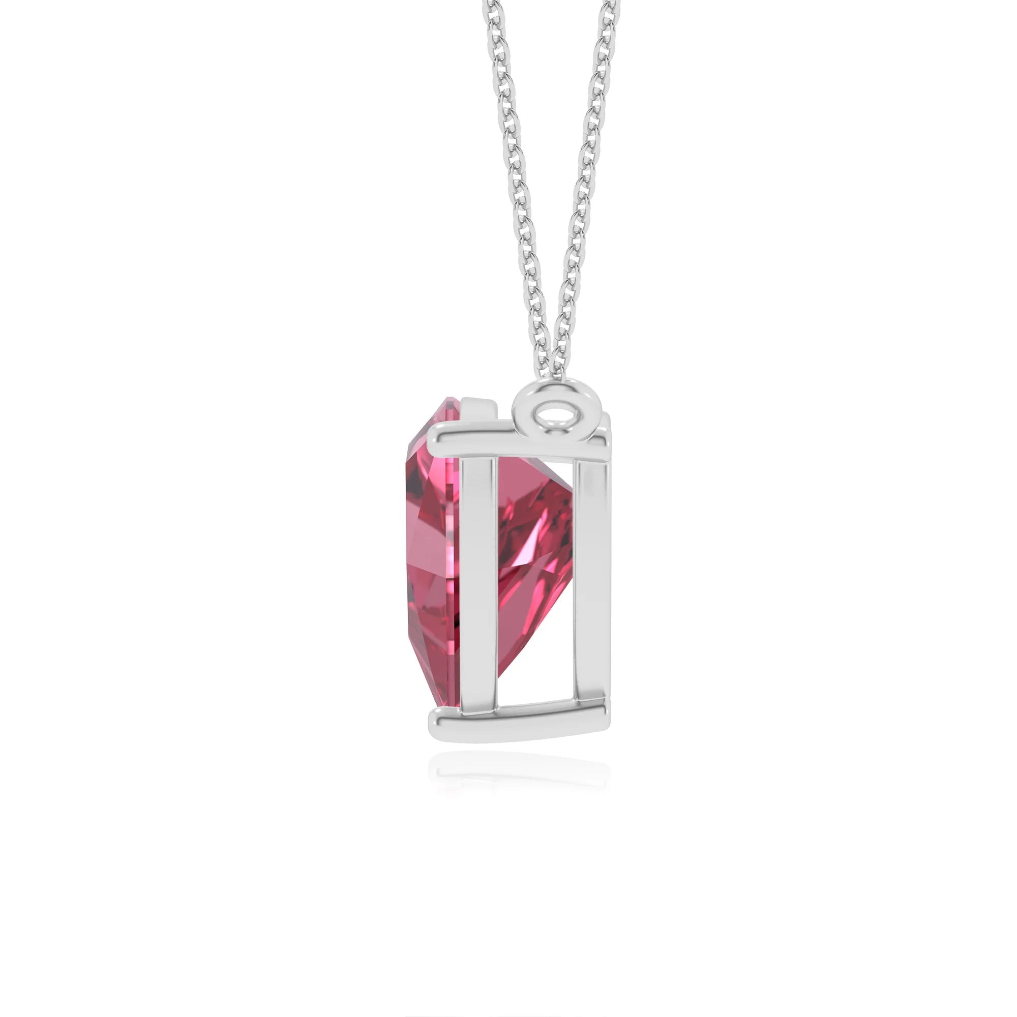 lab grown pink-tourmaline trillion solitaire necklaces in white gold 