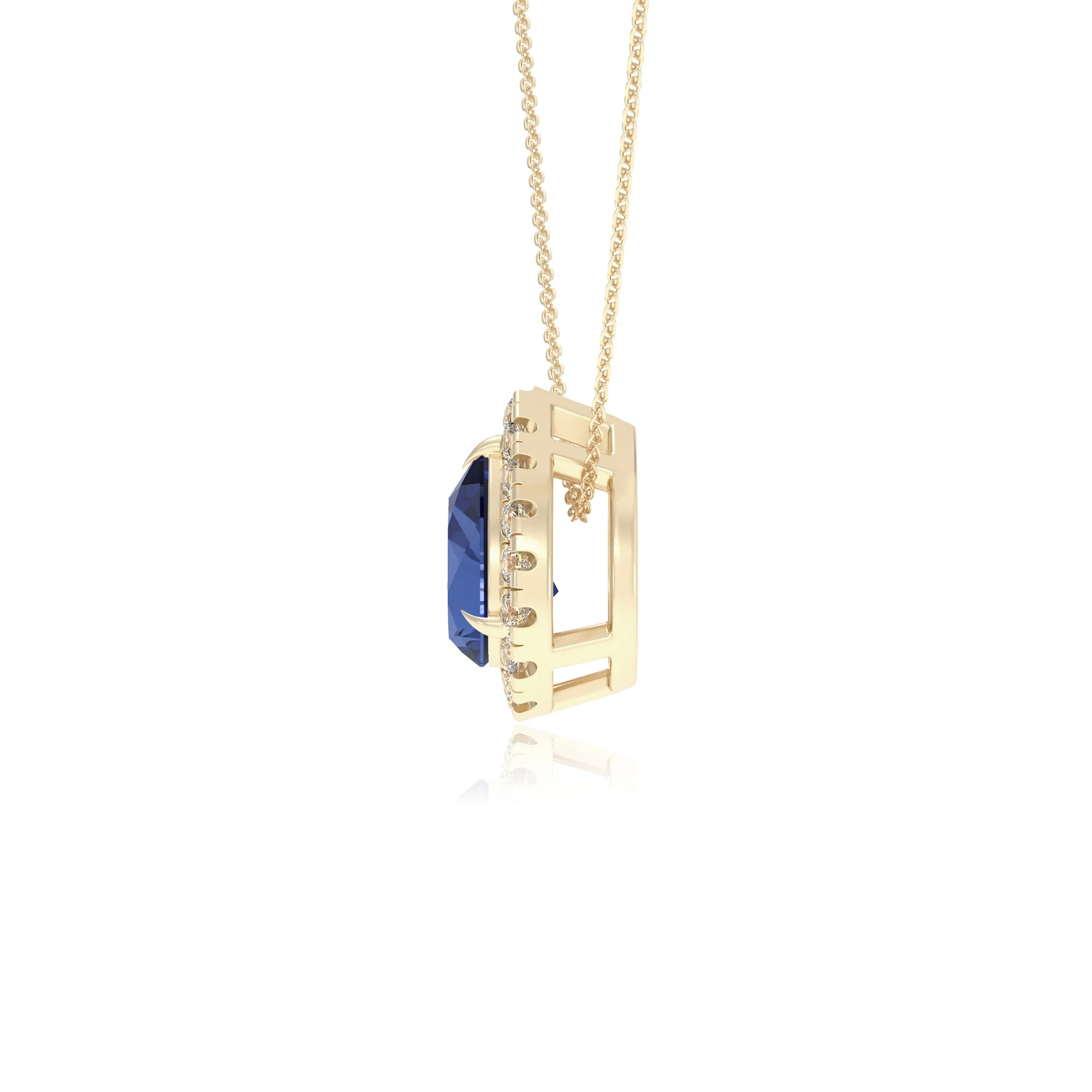 lab grown blue sapphire pear solitaire necklaces in yellow gold 