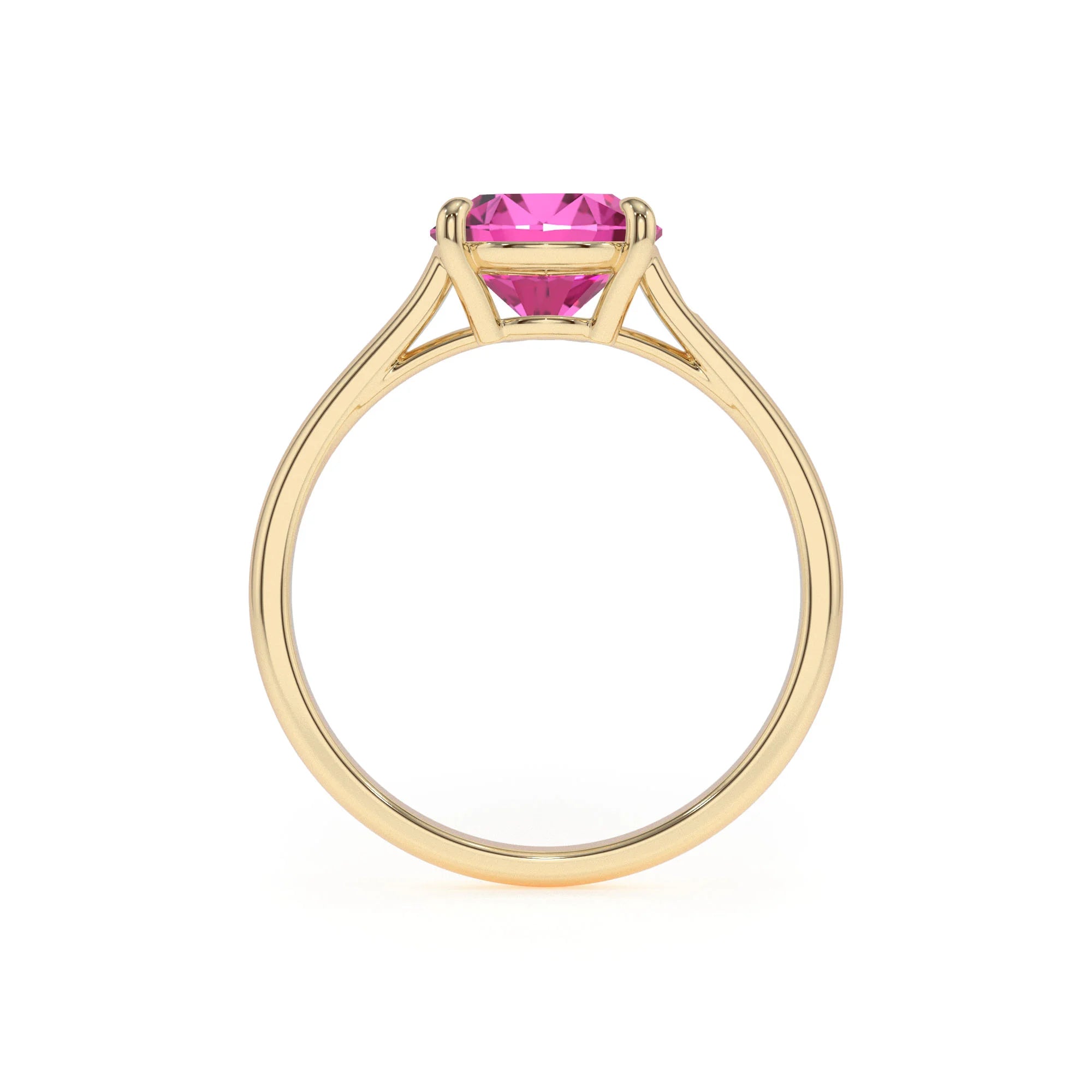 lab grown pink-sapphire cushion solitaire rings in yellow gold 