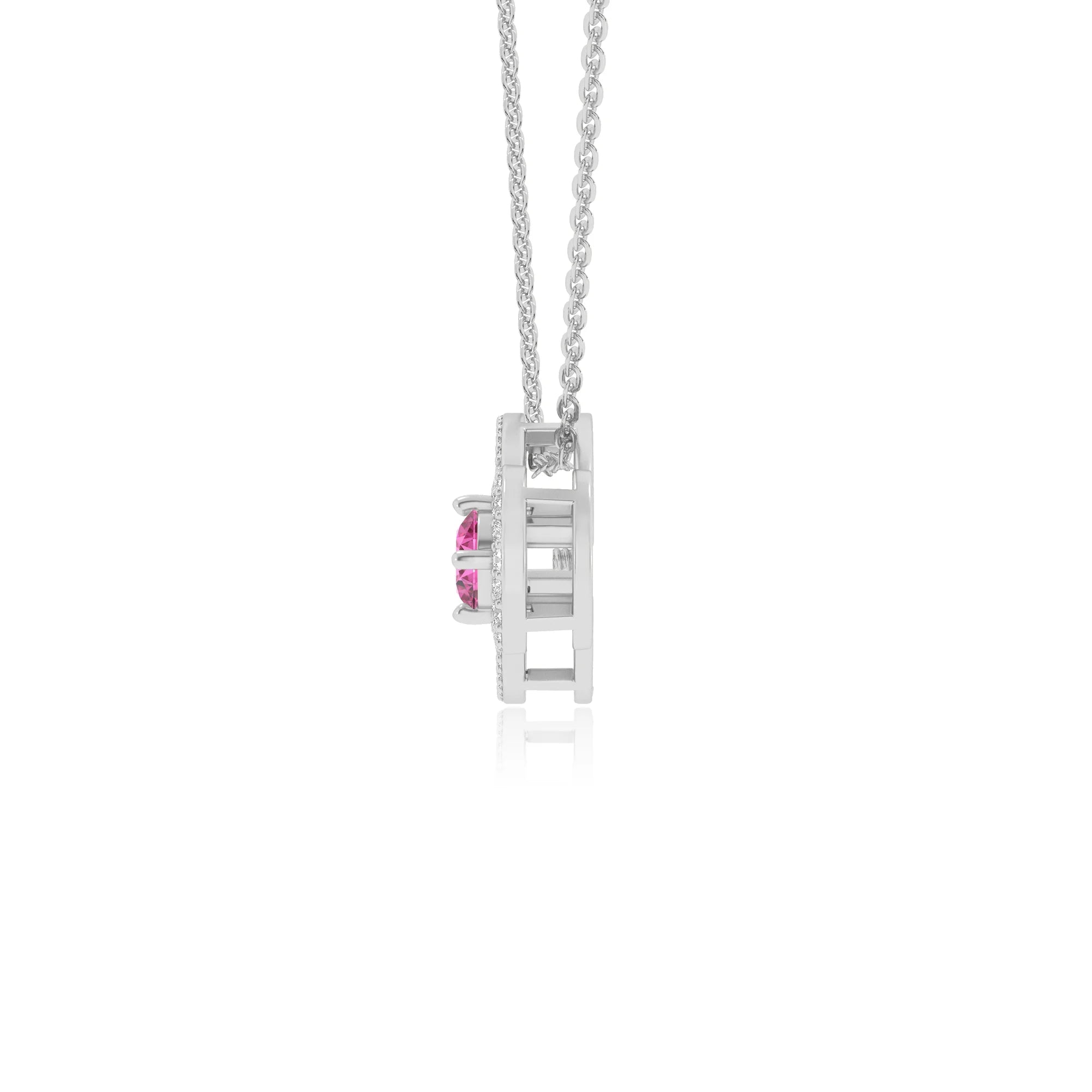 lab grown pink-tourmaline round solitaire necklaces in white gold 