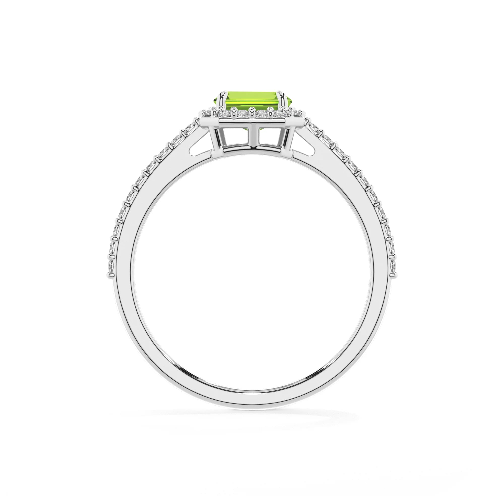 natural peridot emerald cut solitaire rings in white gold 
