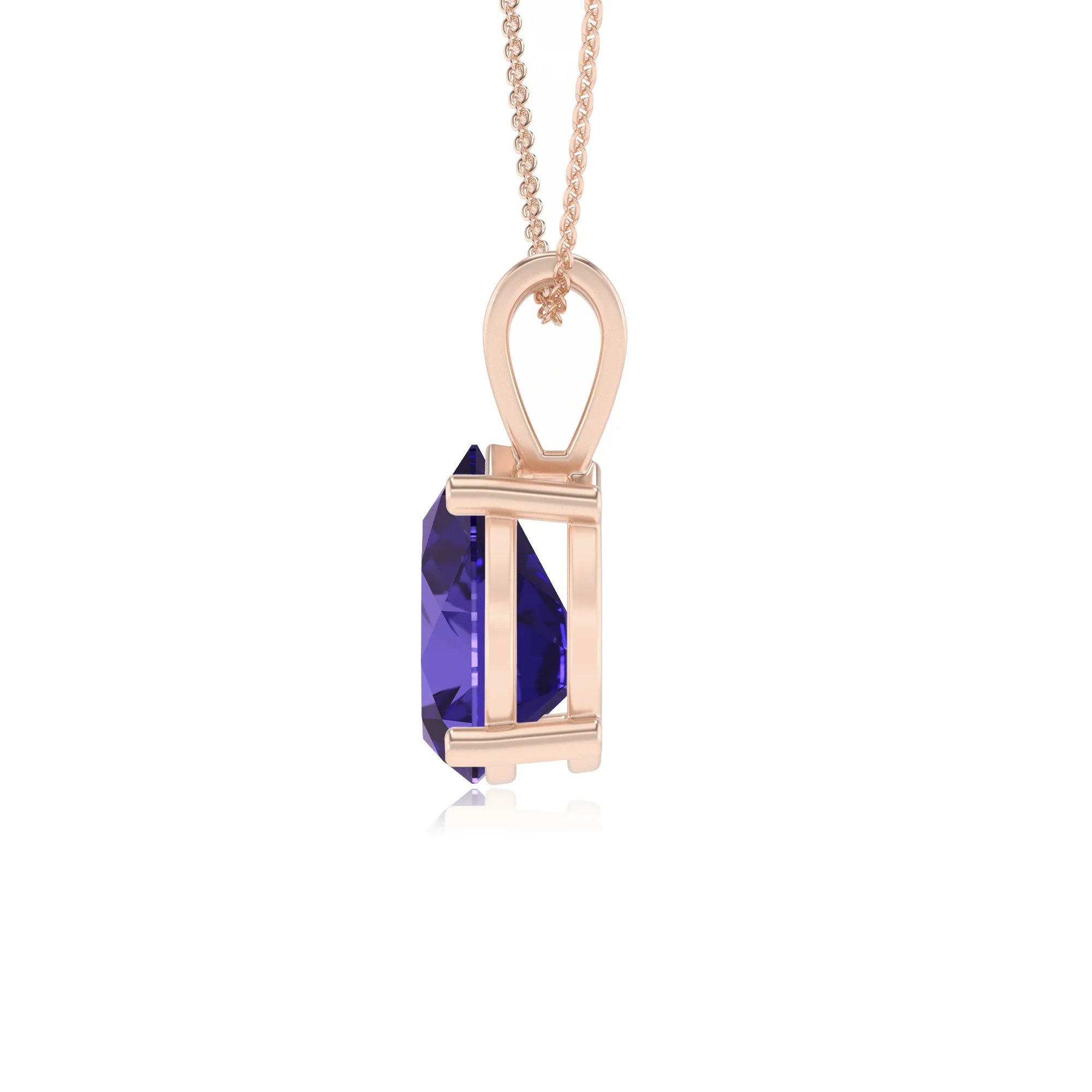 lab grown tanzanite pear solitaire v-bale necklaces in rose gold 