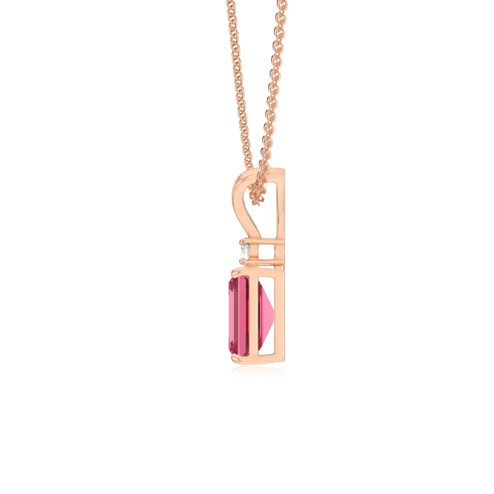 lab grown pink-tourmaline emerald cut solitaire v-bale necklaces in rose gold 
