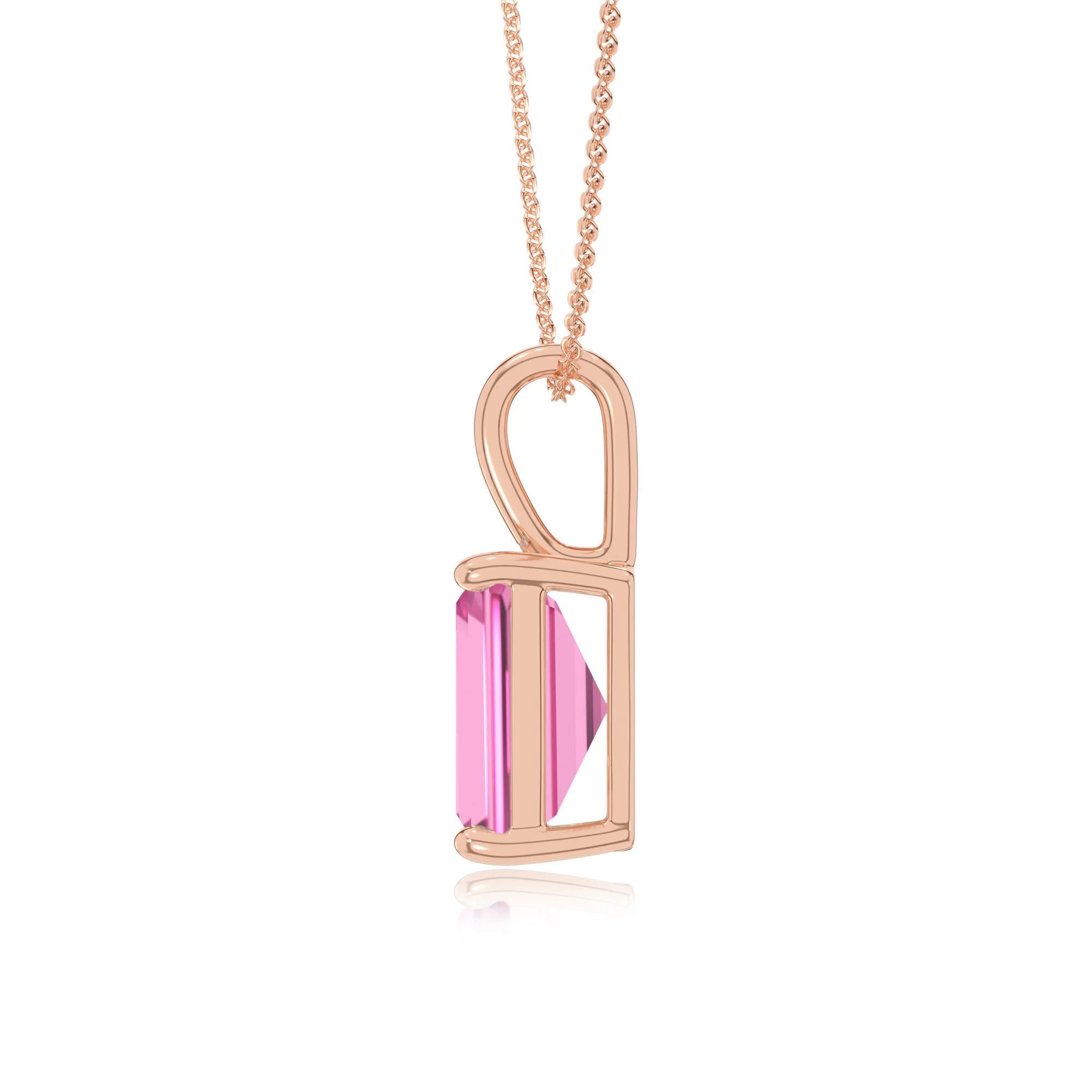 lab grown pink-sapphire emerald cut solitaire necklaces in rose gold 
