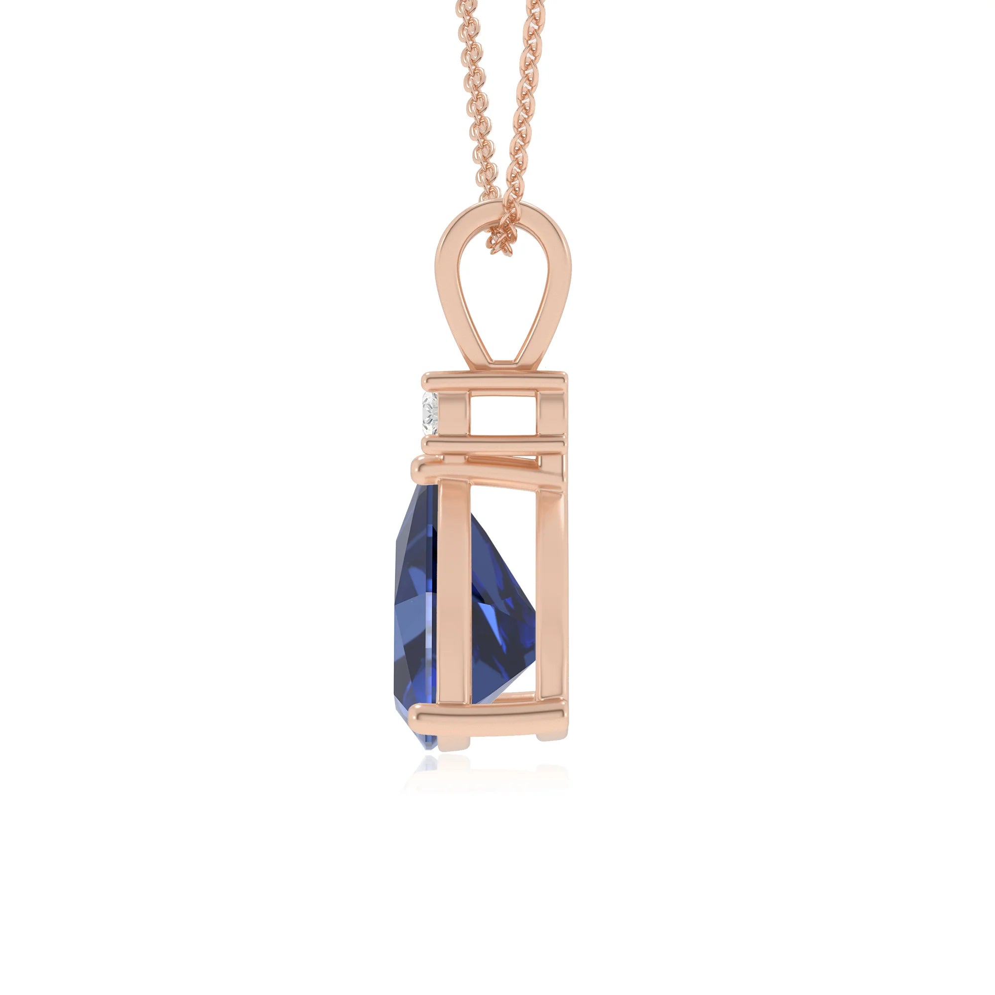 lab grown blue-sapphire trillion solitaire v-bale necklaces in rose gold 