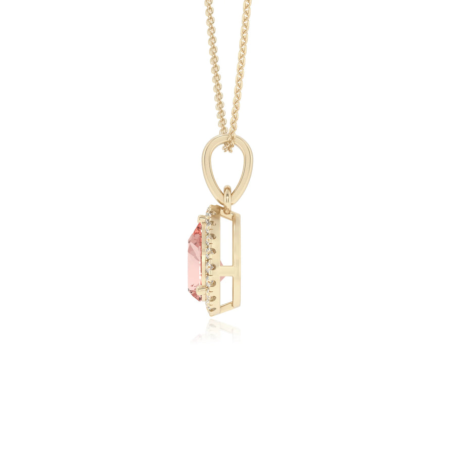 lab grown morganite pear solitaire necklaces in yellow gold 
