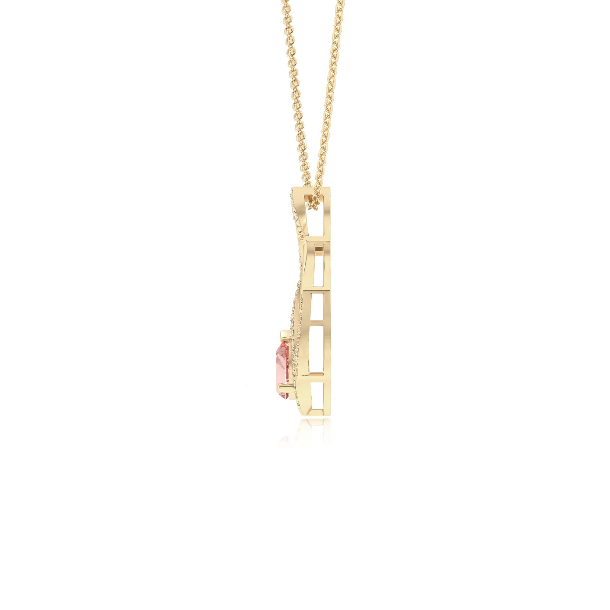 lab grown morganite pear solitaire necklaces in yellow gold 