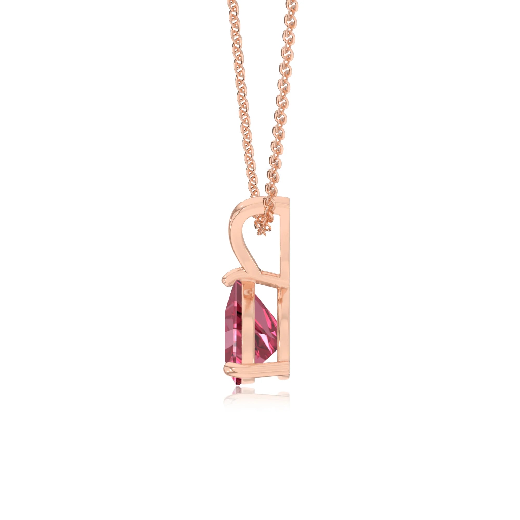 lab grown pink-tourmaline trillion solitaire v-bale necklaces in rose gold 