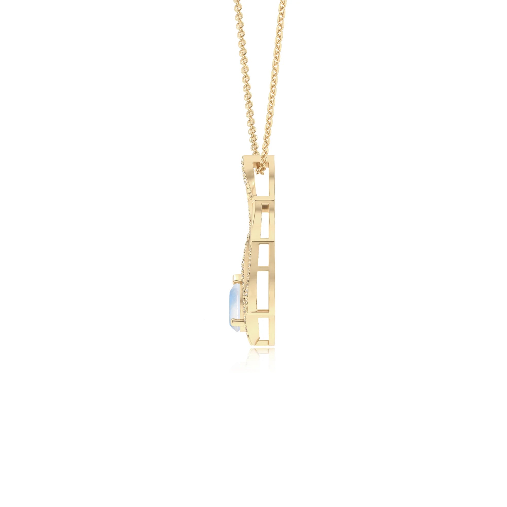 natural rainbow-moonstone pear solitaire necklaces in yellow gold 