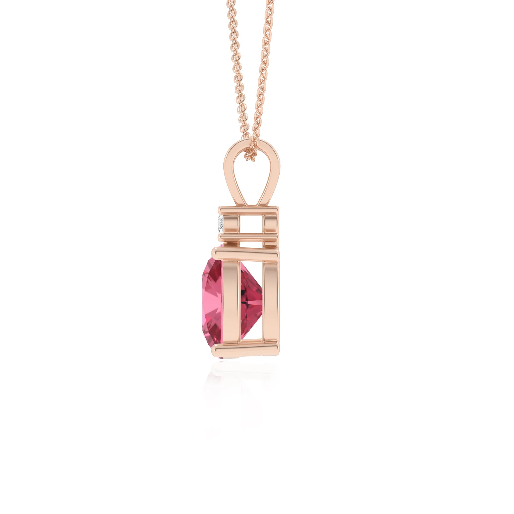 lab grown pink-tourmaline cushion solitaire v-bale necklaces in rose gold 