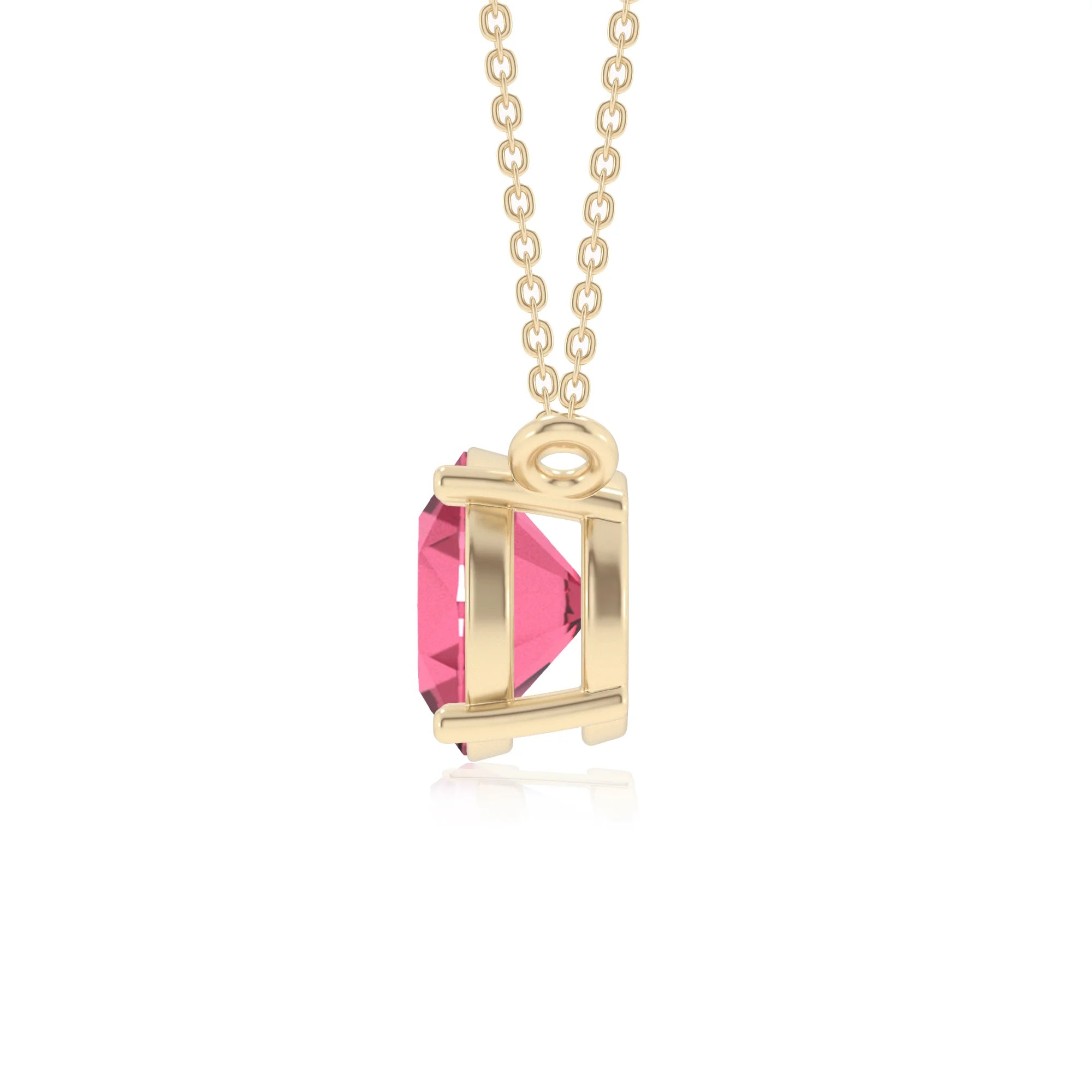 lab grown pink-tourmaline round solitaire necklaces in yellow gold 