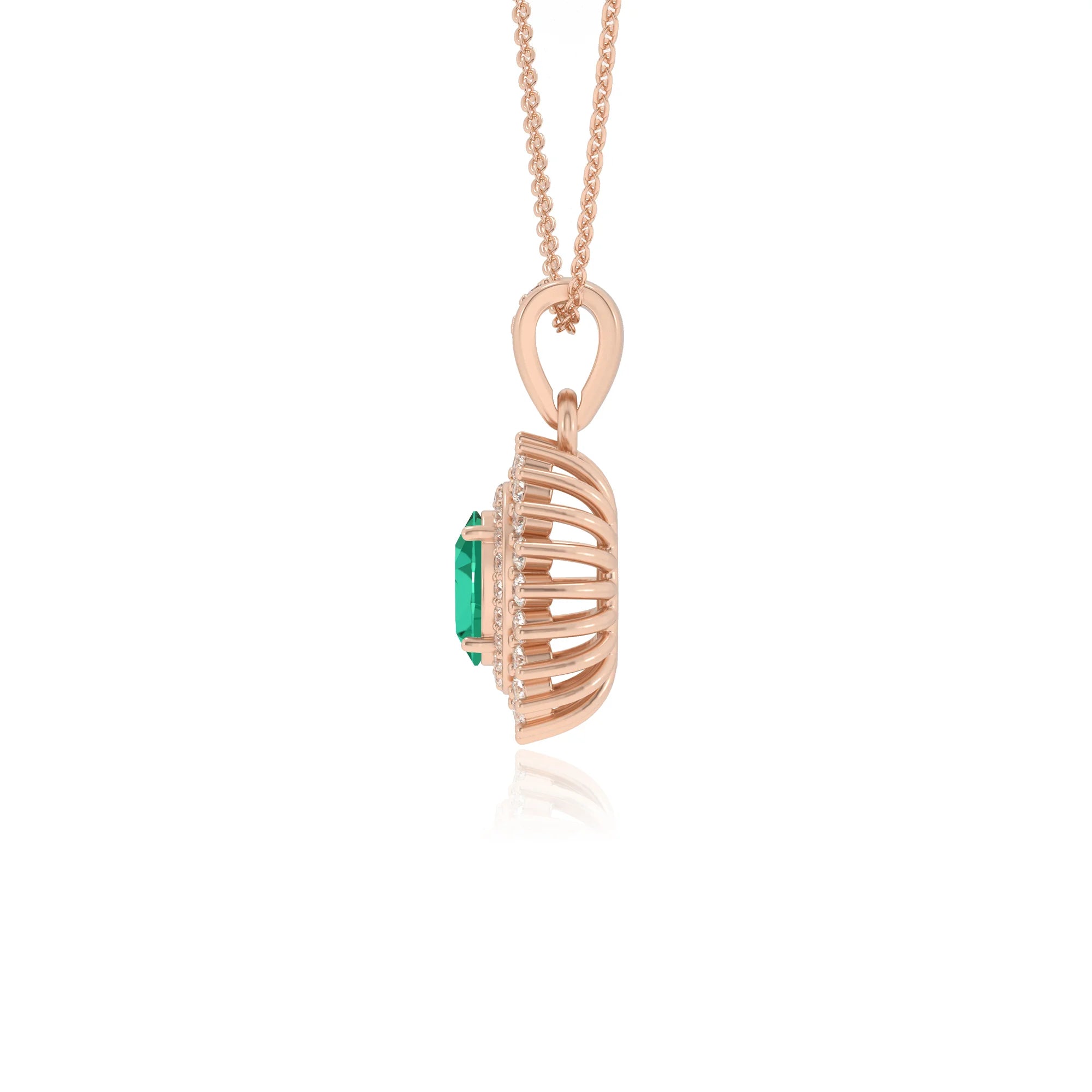 lab grown emerald oval halo necklaces in rose gold 
