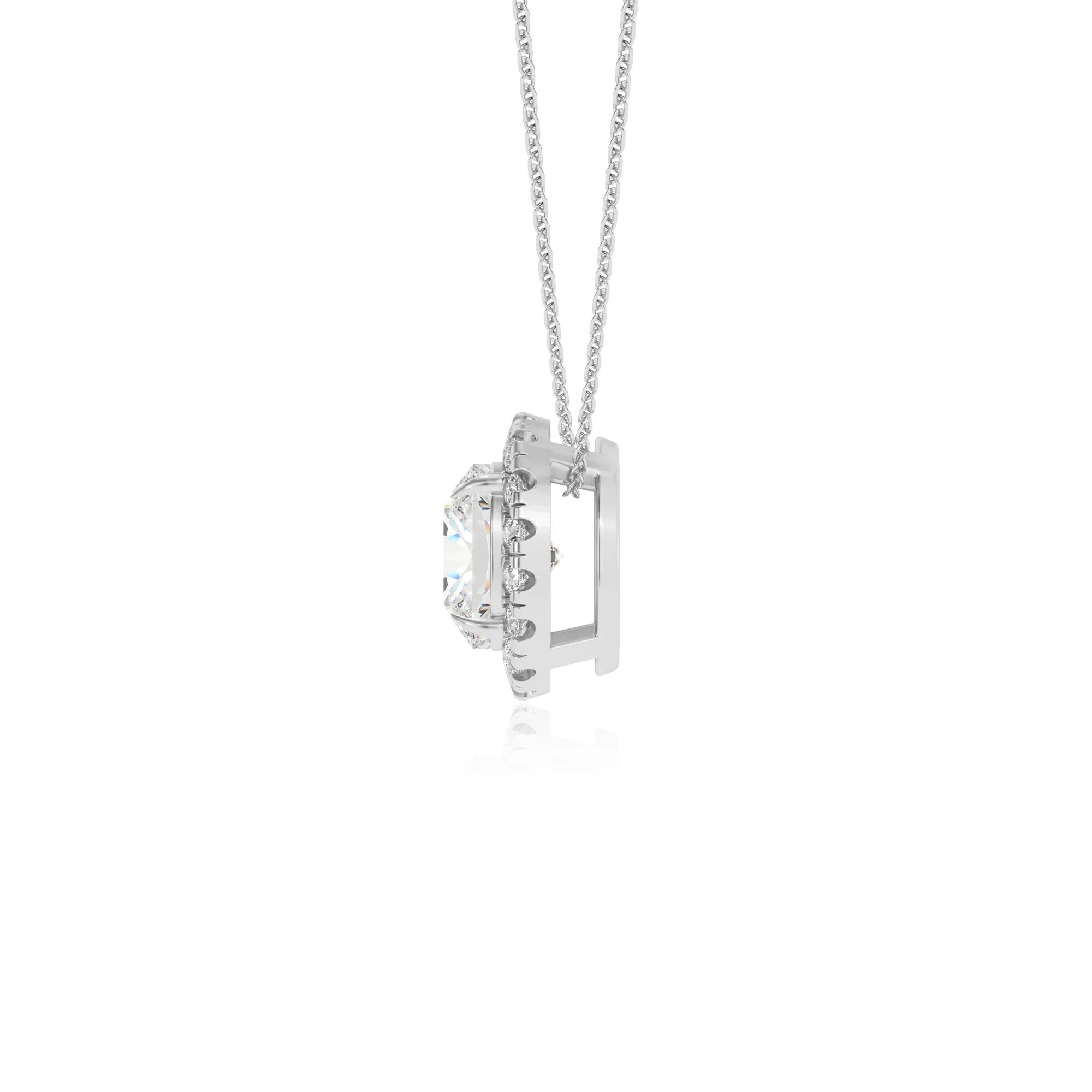 lab grown moissanite cushion solitaire necklaces in white gold 