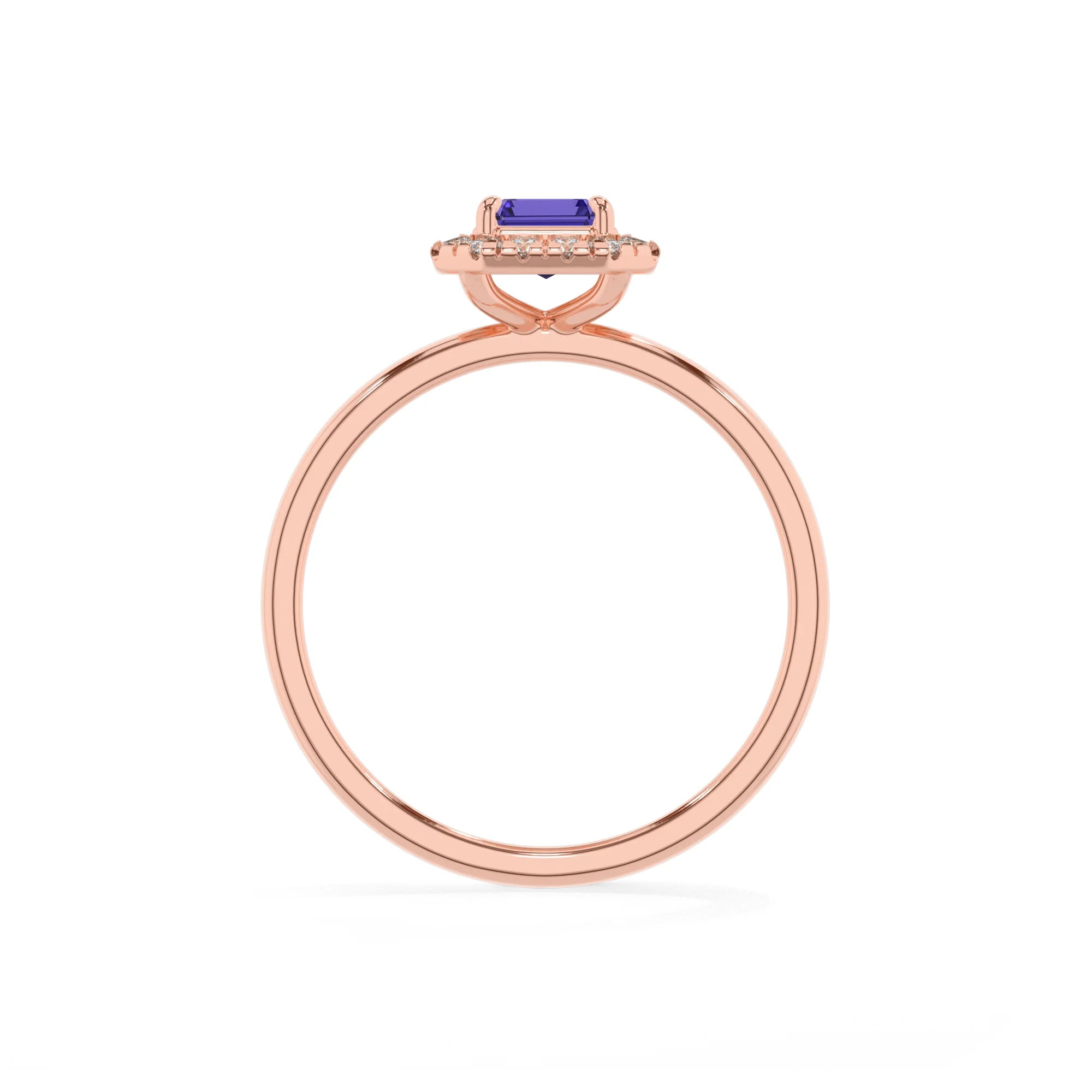 lab grown tanzanite emerald cut solitaire rings in rose gold 