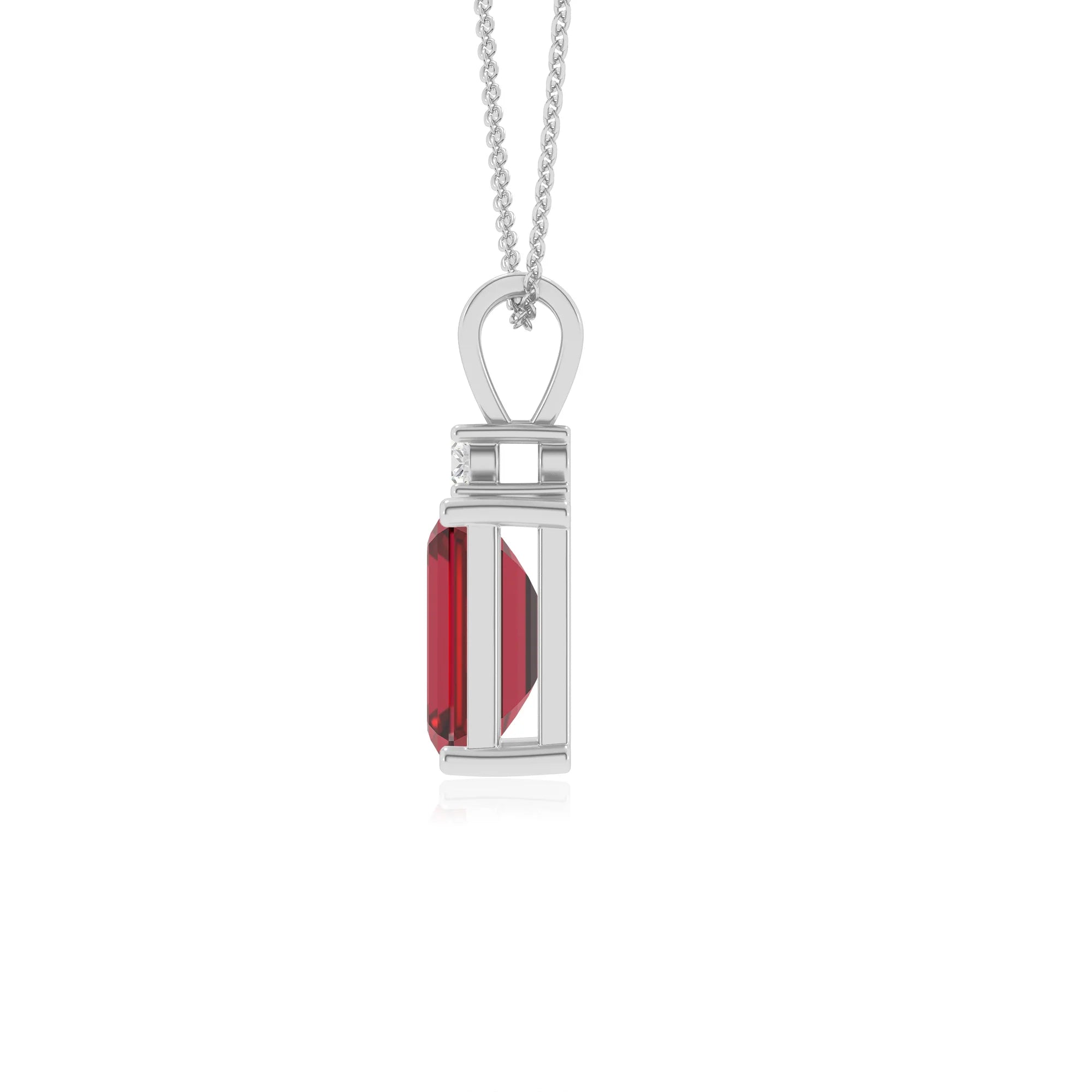 lab grown ruby emerald cut solitaire v-bale necklaces in white gold 