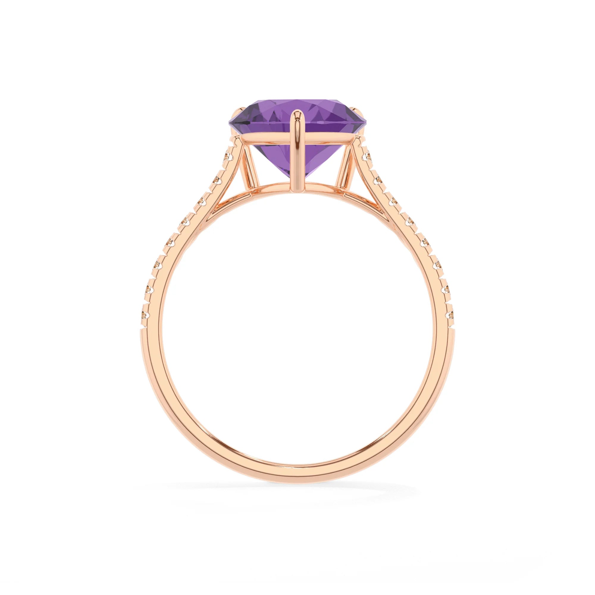 lab grown amethyst heart half eternity solitaire engagement rings in rose gold 