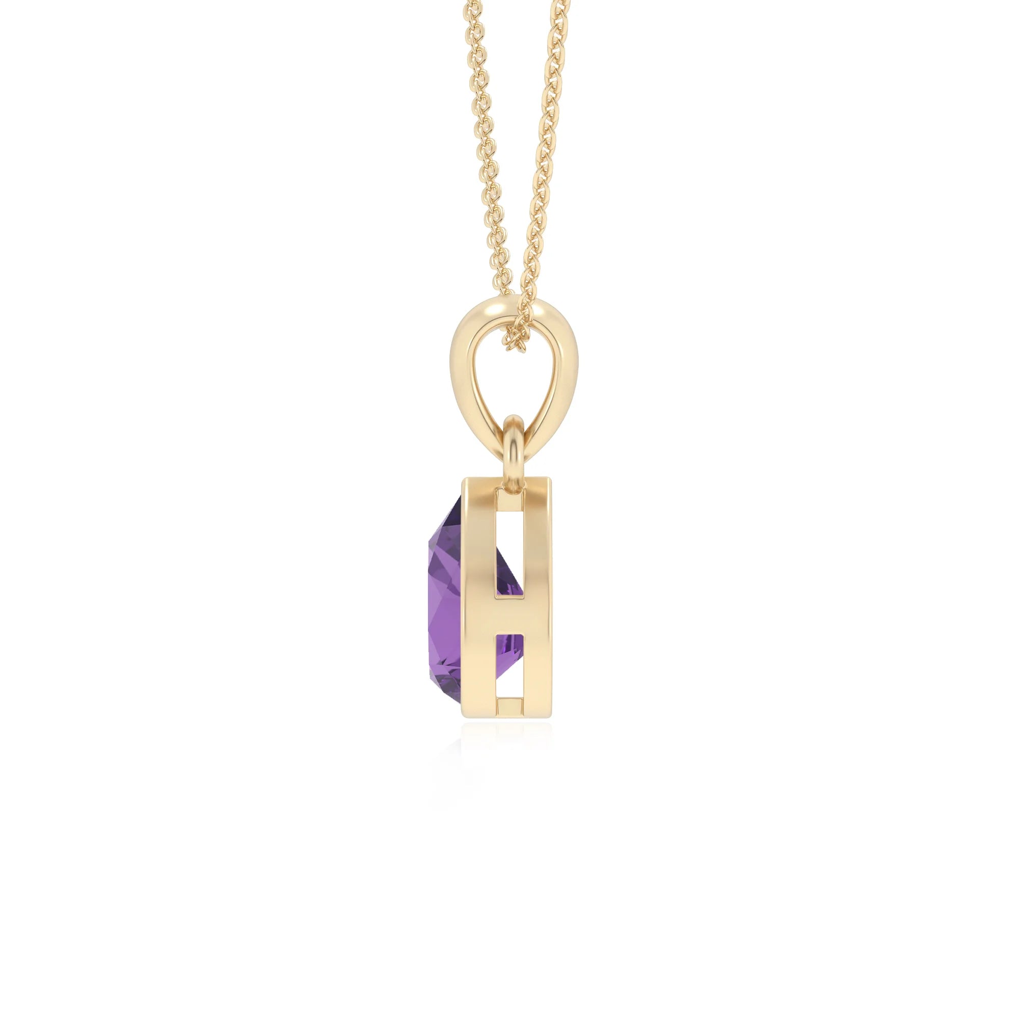 lab grown amethyst pear solitaire necklaces in yellow gold 