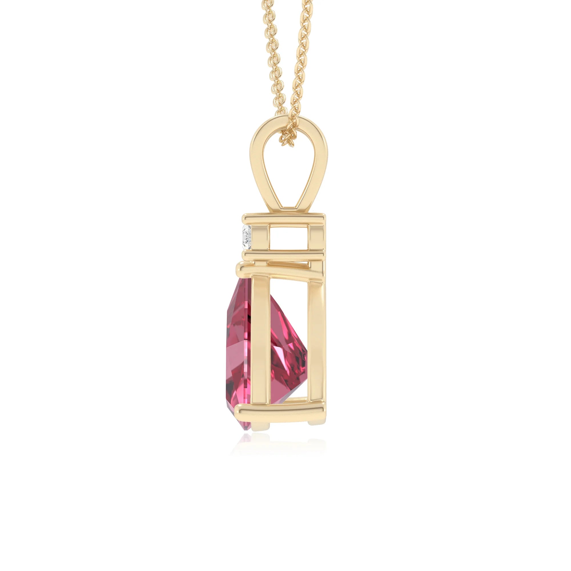 lab grown pink-tourmaline trillion solitaire v-bale necklaces in yellow gold 
