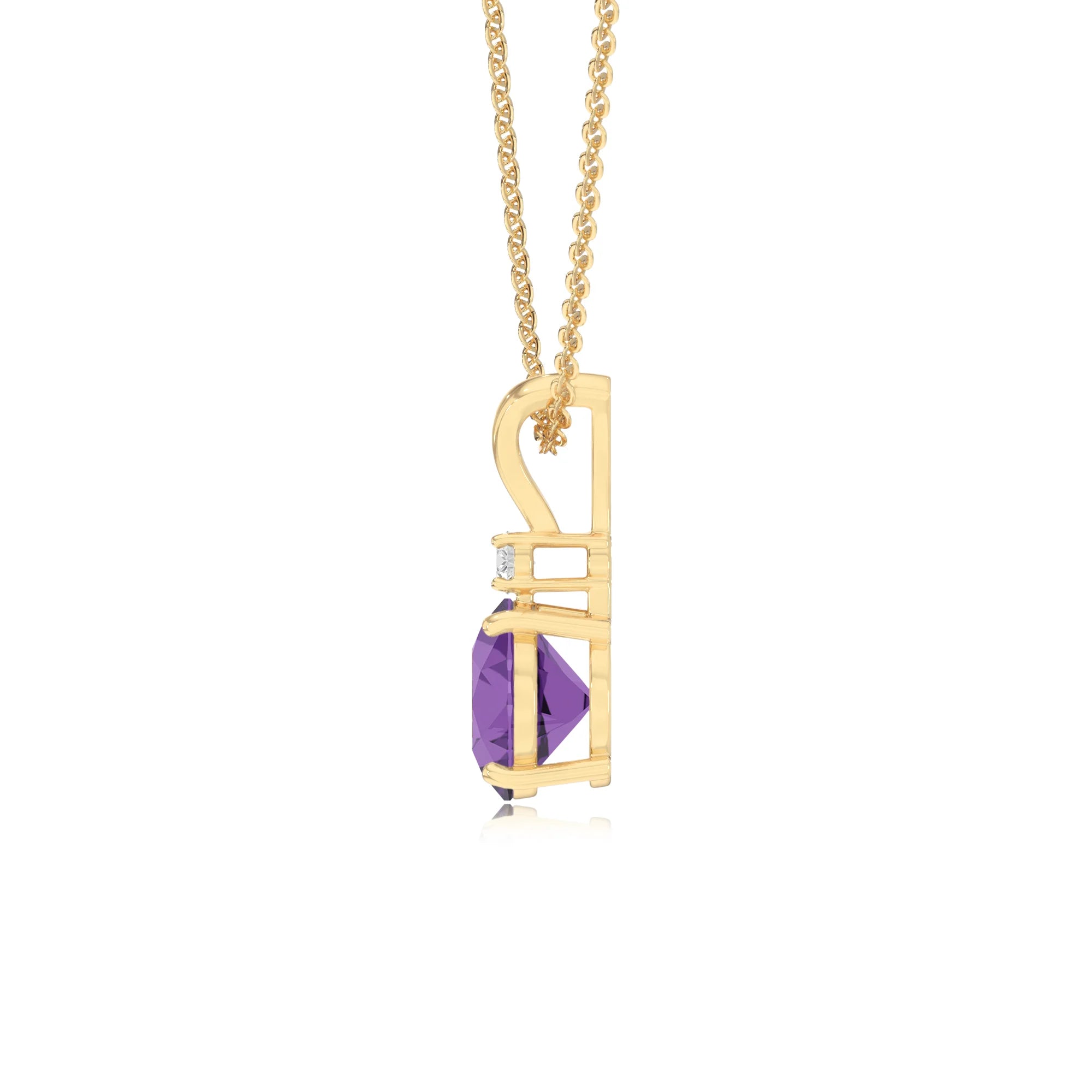 lab grown amethyst round solitaire v-bale necklaces in yellow gold 