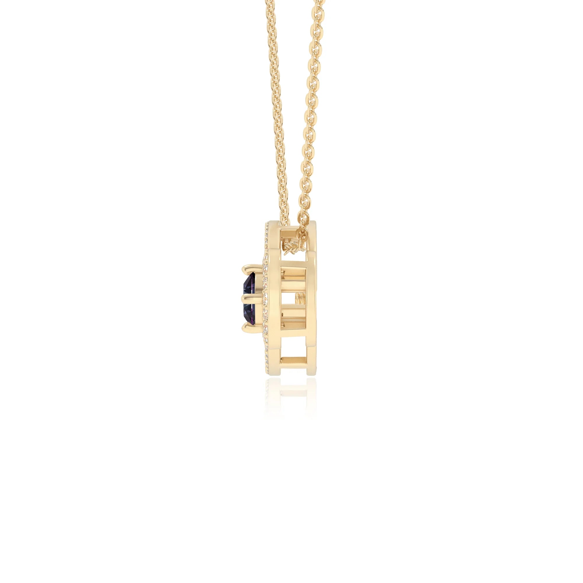 lab grown alexandrite round solitaire necklaces in yellow gold 