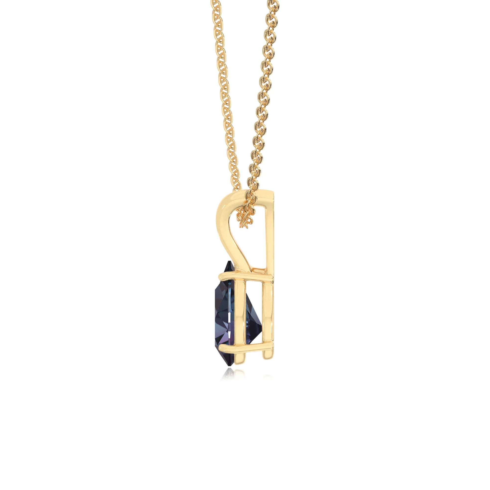 lab grown alexandrite pear solitaire v-bale necklaces in yellow gold 