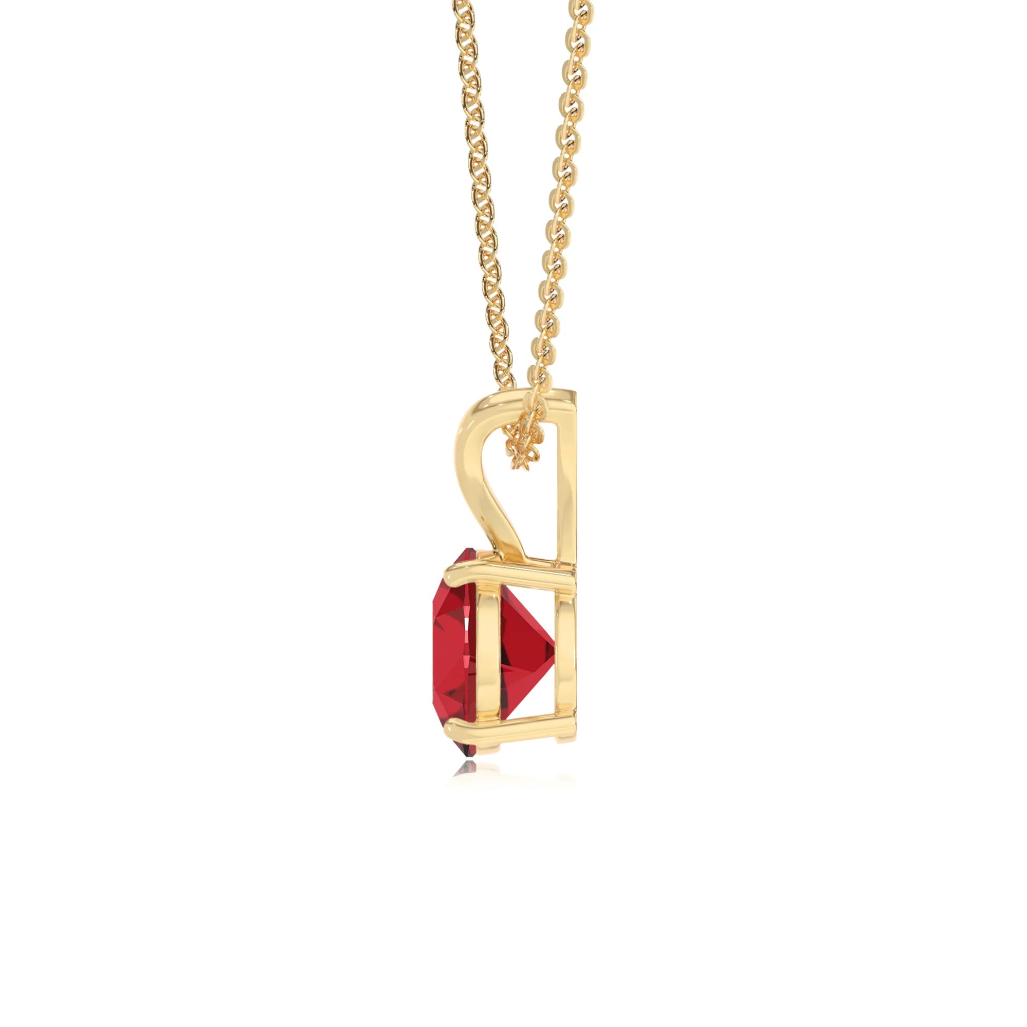 lab grown ruby round solitaire v-bale necklaces in yellow gold 