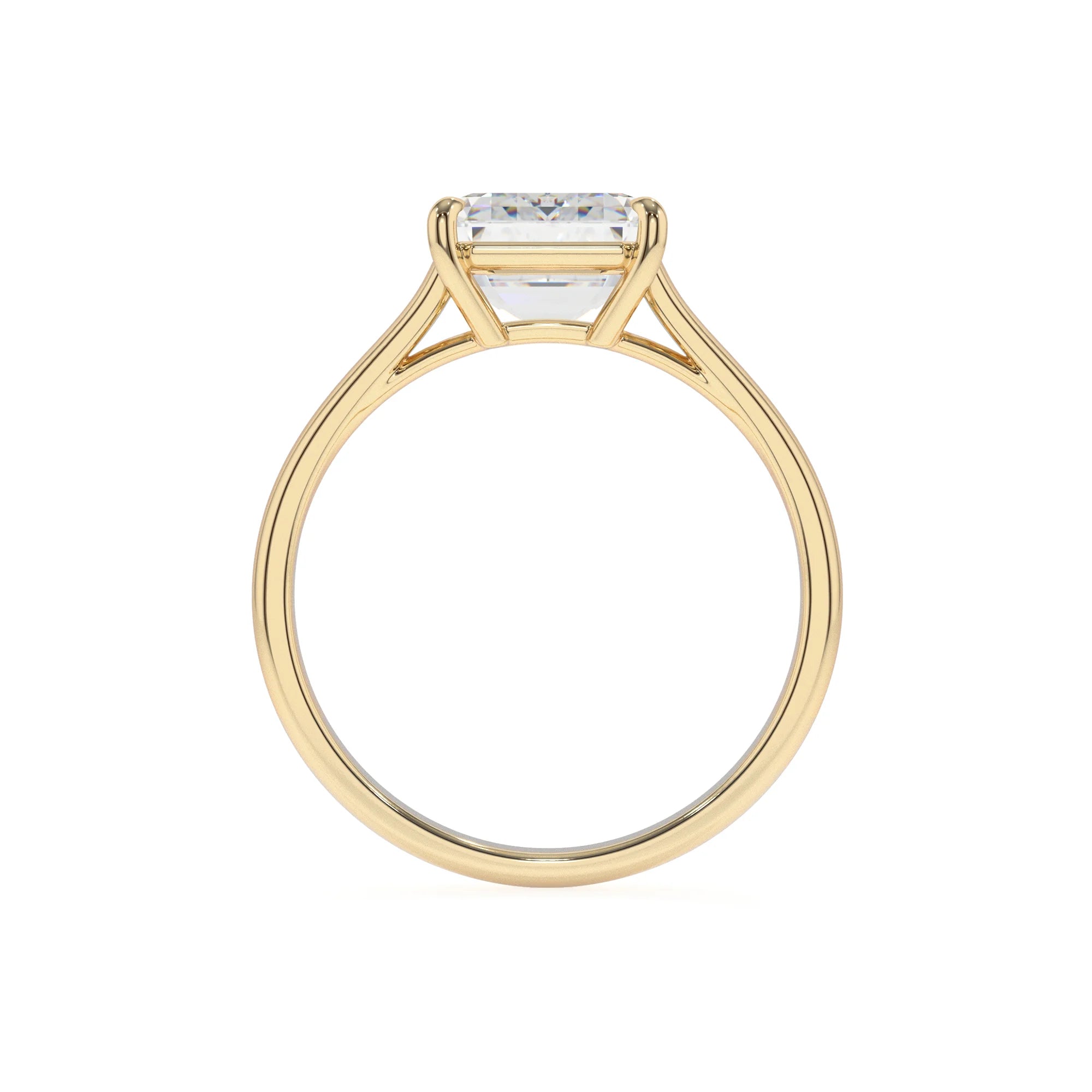lab grown moissanite asscher solitaire rings in yellow gold 