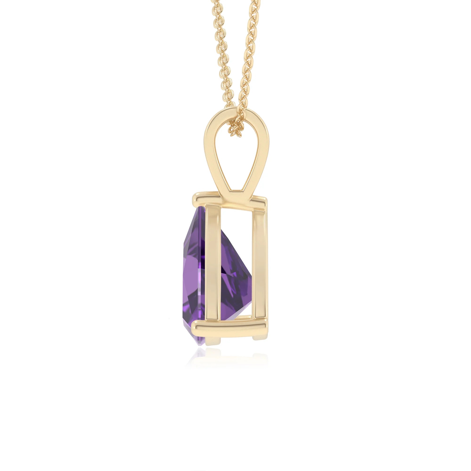 lab grown amethyst trillion solitaire v-bale necklaces in yellow gold 