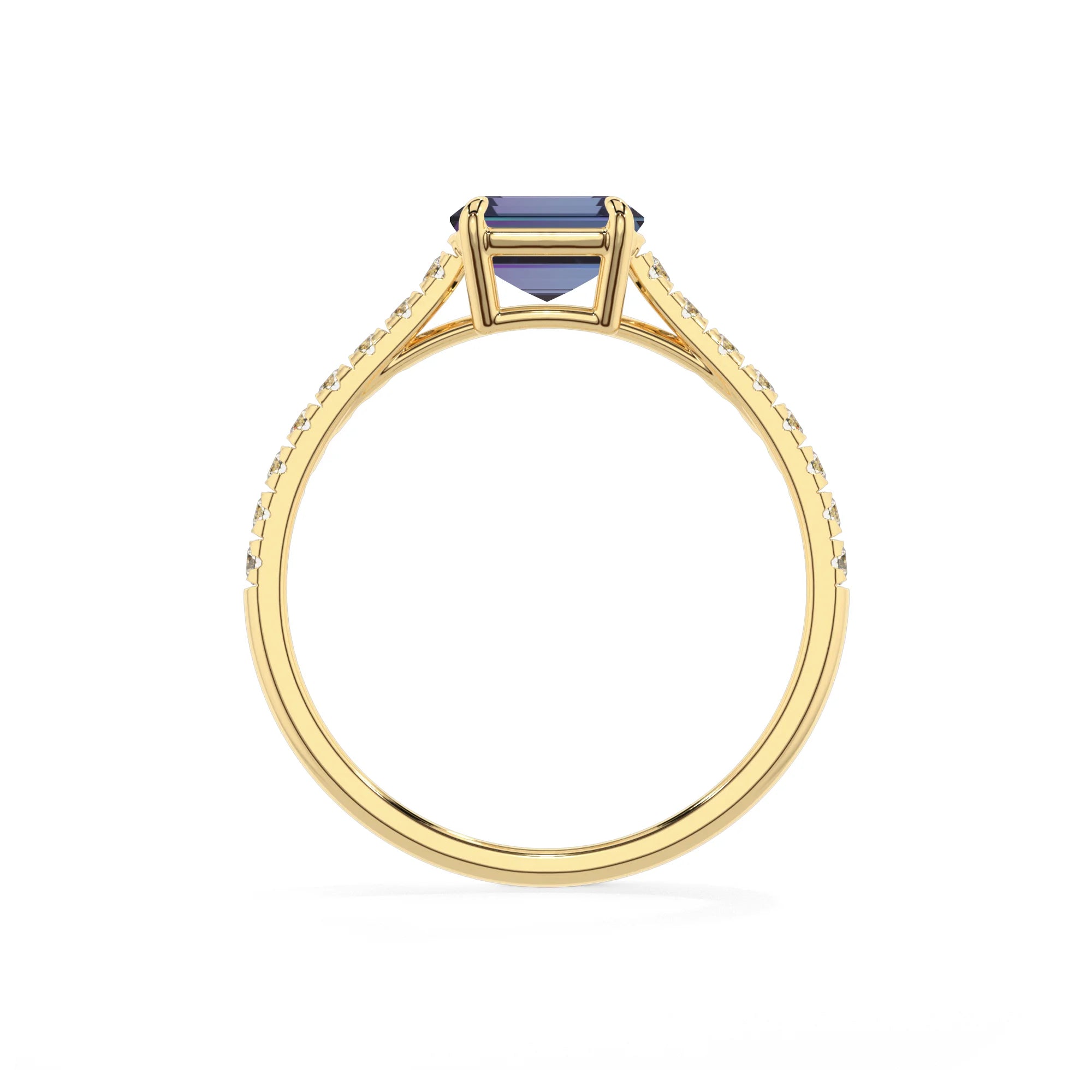 lab grown alexandrite emerald cut half eternity solitaire engagement rings in yellow gold 
